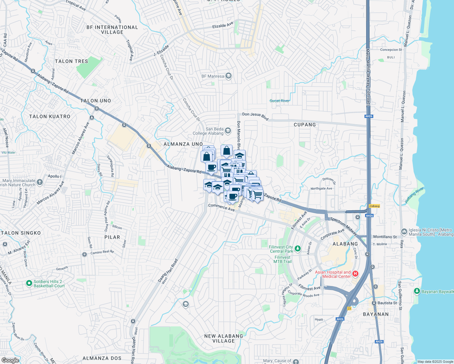 map of restaurants, bars, coffee shops, grocery stores, and more near 1107 Alabang–Zapote Road in Muntinlupa