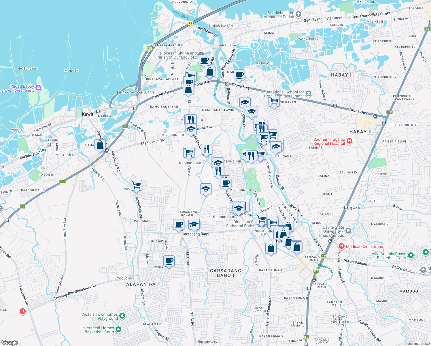 map of restaurants, bars, coffee shops, grocery stores, and more near General Yengco Street in Imus City