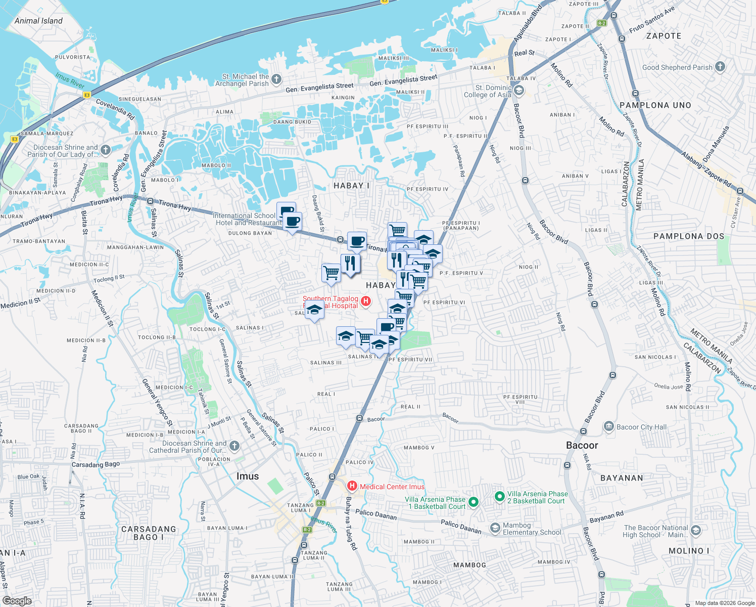 map of restaurants, bars, coffee shops, grocery stores, and more near 052 1st Reyville Subd. Emilio Aguinaldo Highway in Bacoor City