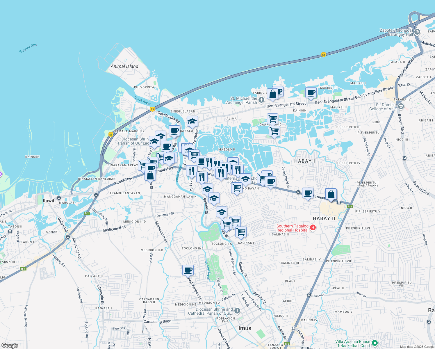 map of restaurants, bars, coffee shops, grocery stores, and more near Tirona Highway in Bacoor City