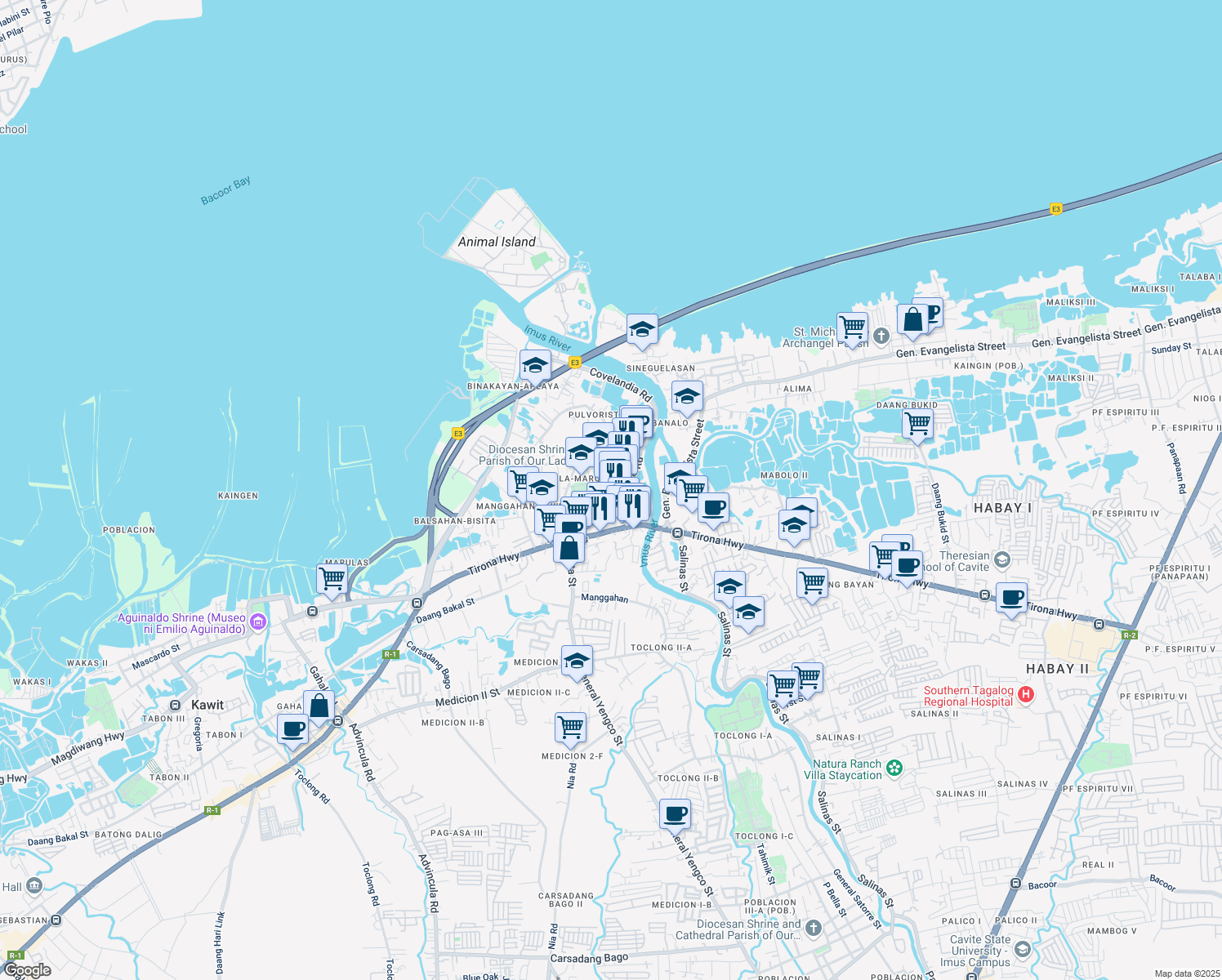 map of restaurants, bars, coffee shops, grocery stores, and more near Covelandia Road in Kawit