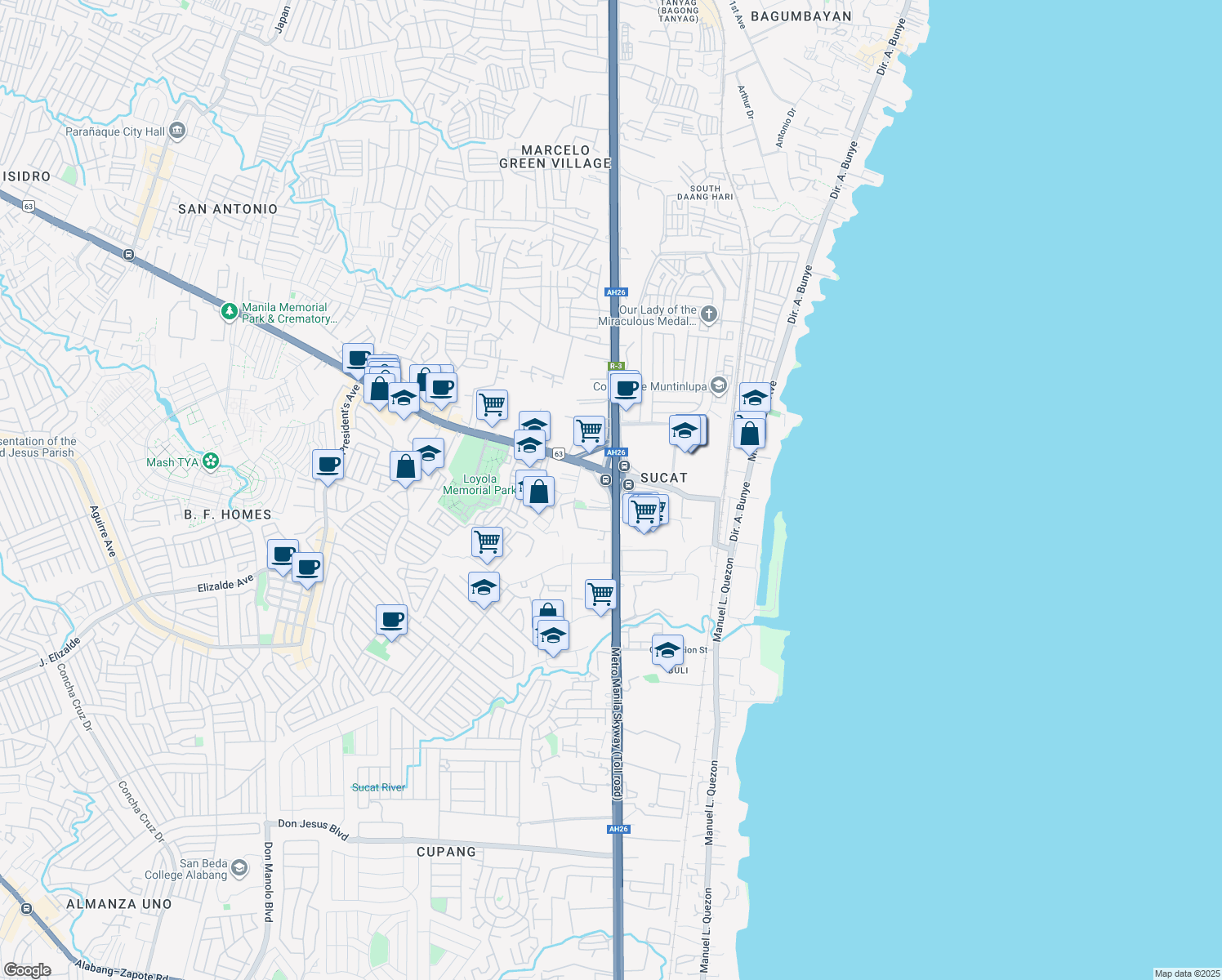 map of restaurants, bars, coffee shops, grocery stores, and more near Sucat Southbound Exit in Muntinlupa