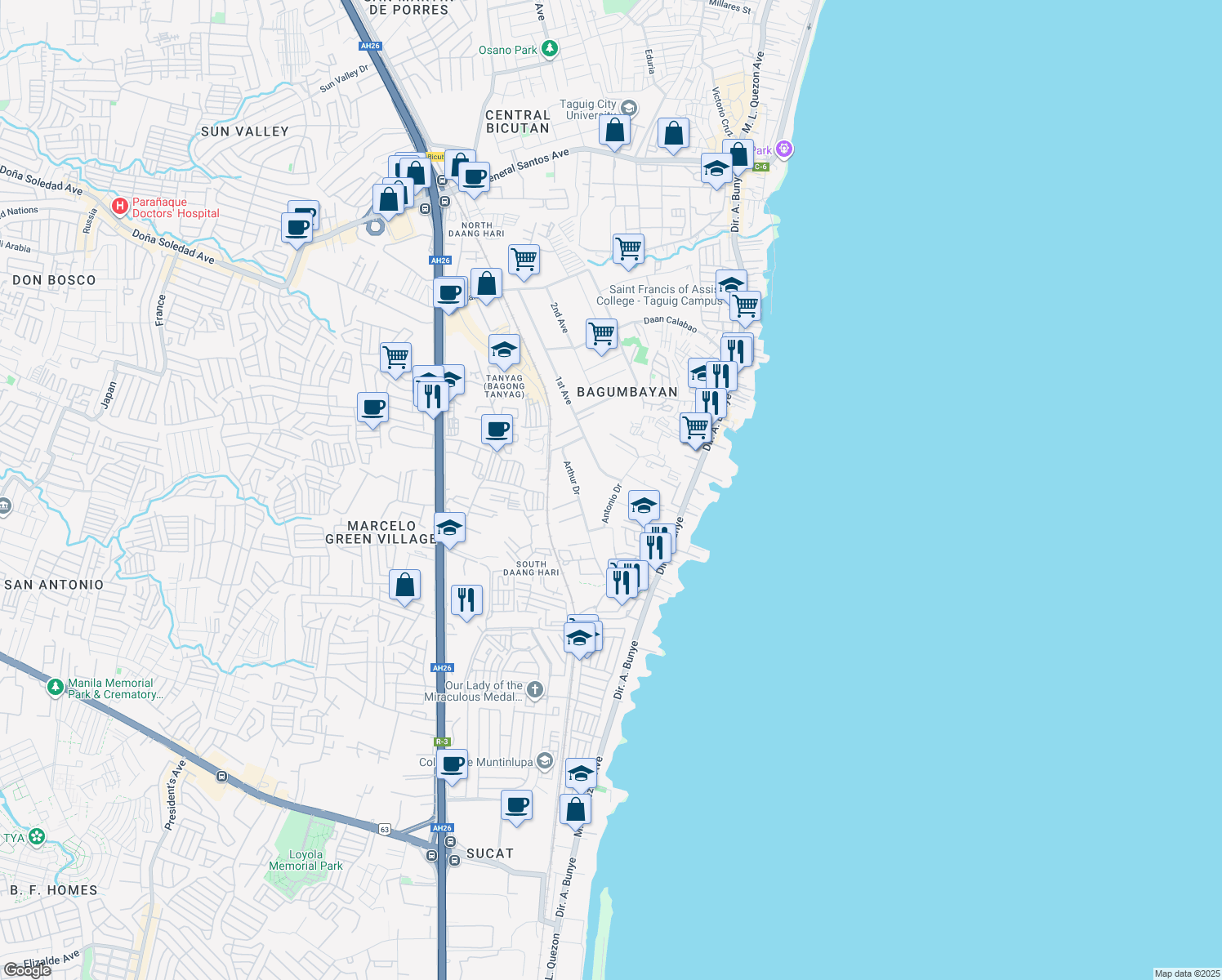 map of restaurants, bars, coffee shops, grocery stores, and more near 4 Antonio Drive in Taguig