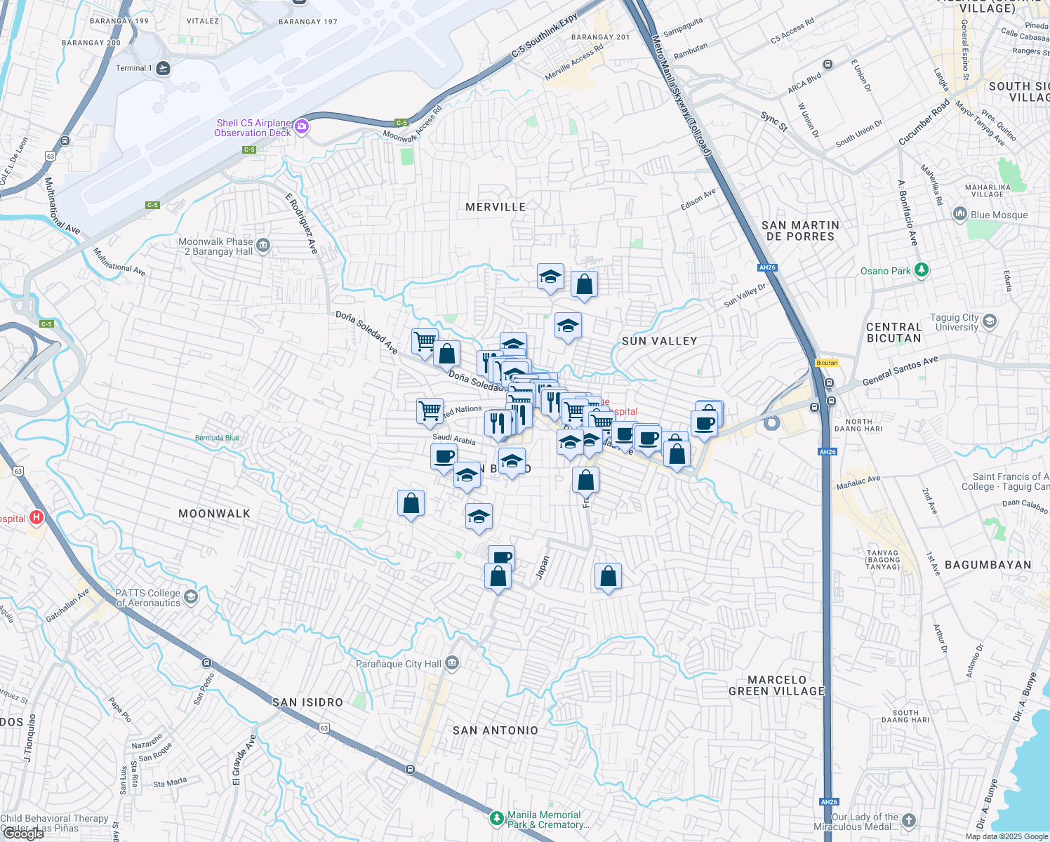 map of restaurants, bars, coffee shops, grocery stores, and more near Russia in Parañaque