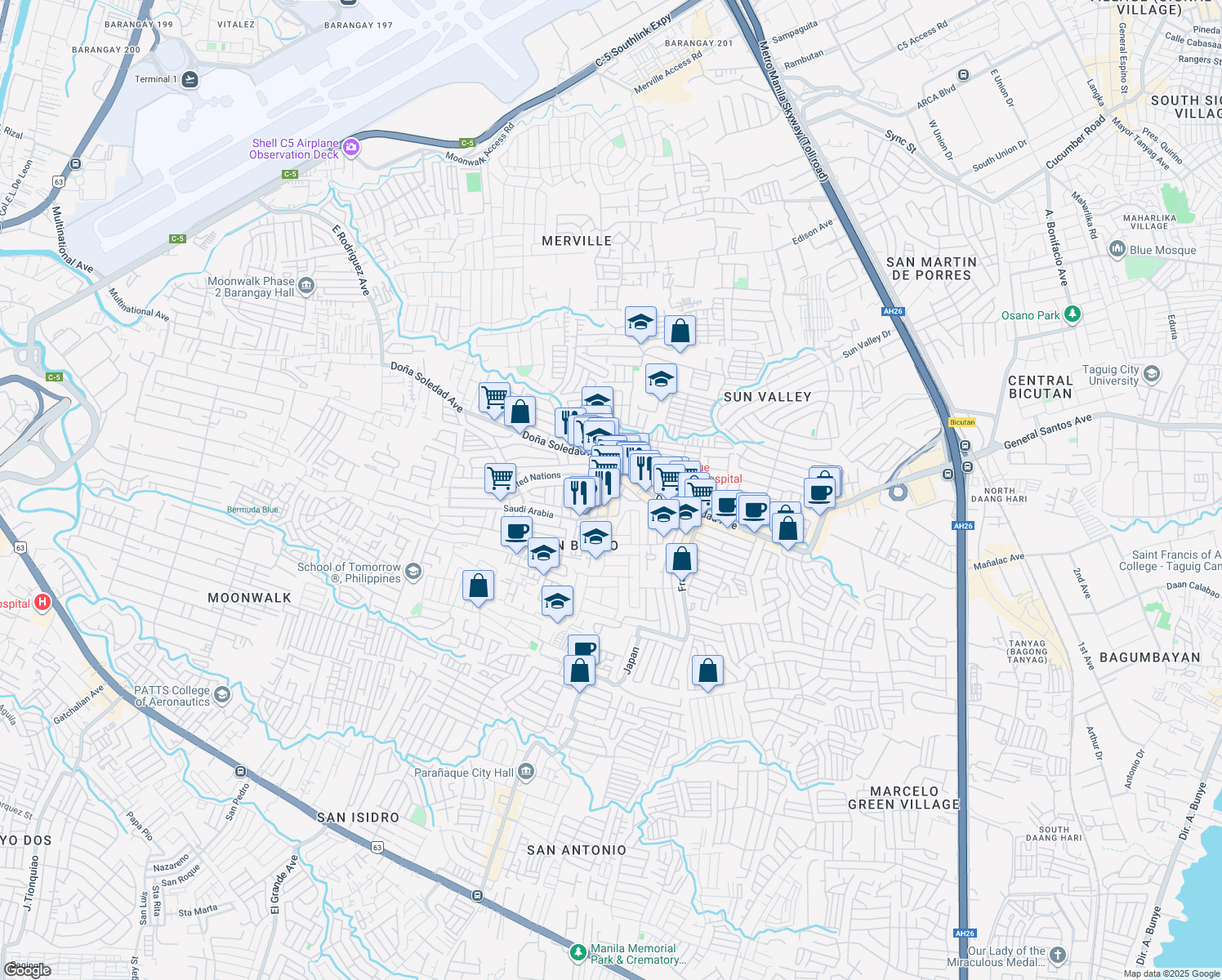 map of restaurants, bars, coffee shops, grocery stores, and more near Russia in Parañaque