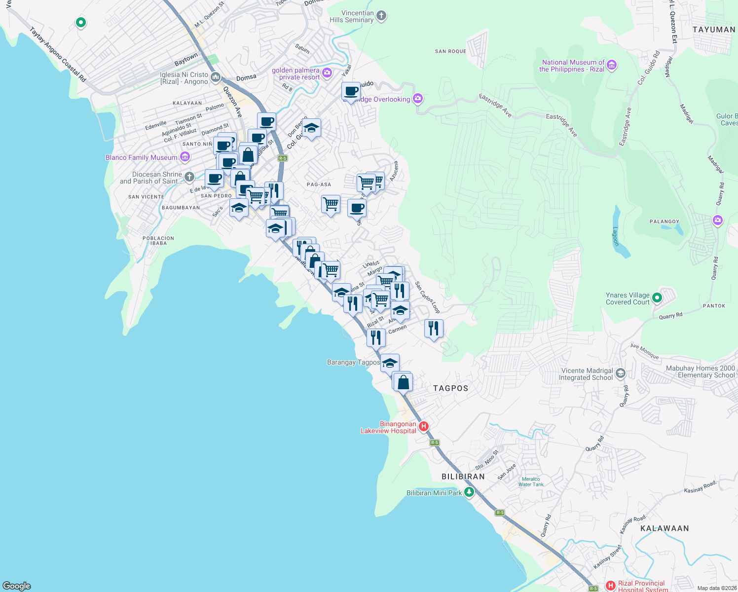 map of restaurants, bars, coffee shops, grocery stores, and more near Rebecca Street in Binangonan