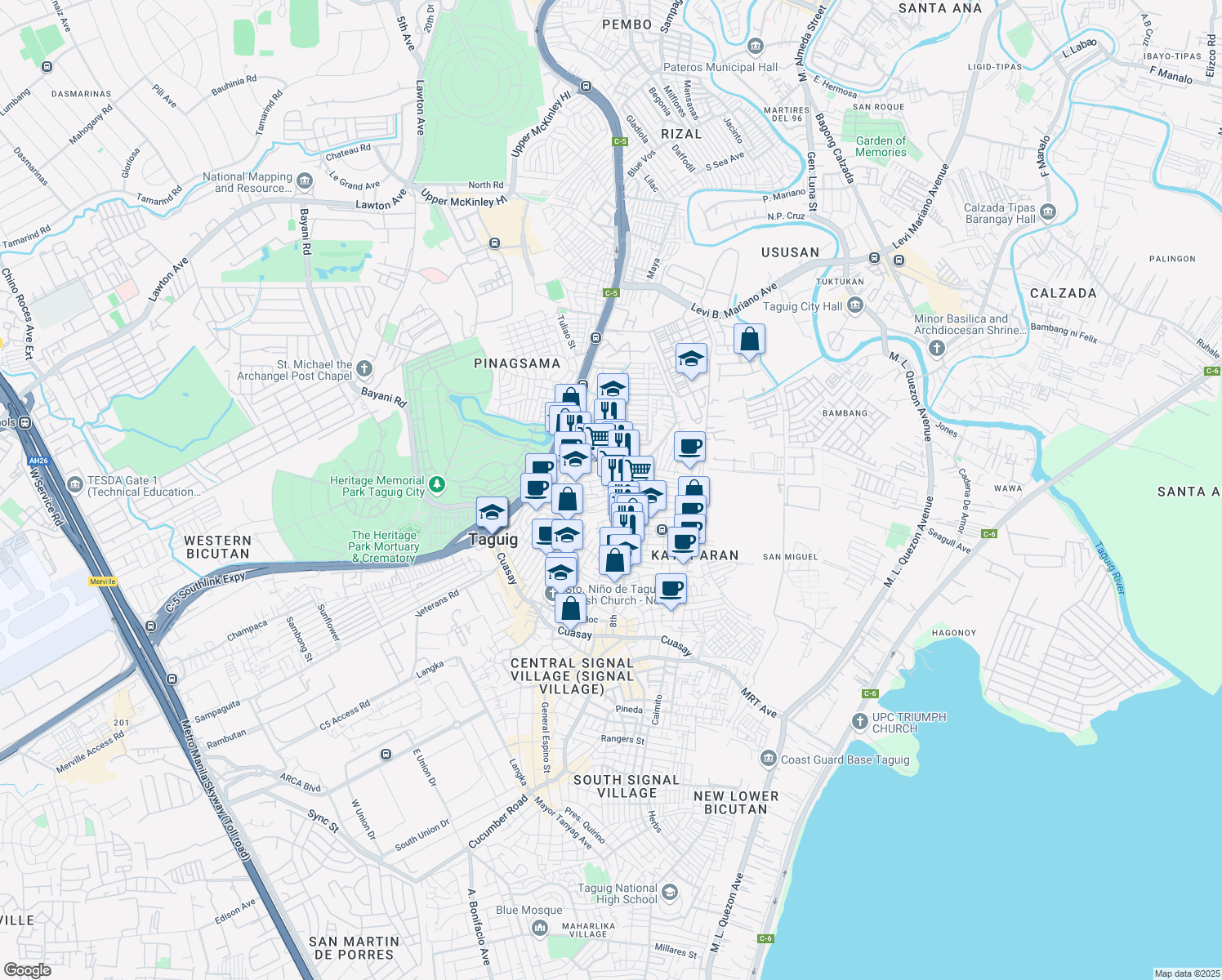 map of restaurants, bars, coffee shops, grocery stores, and more near 3E 5th Avenue in Taguig