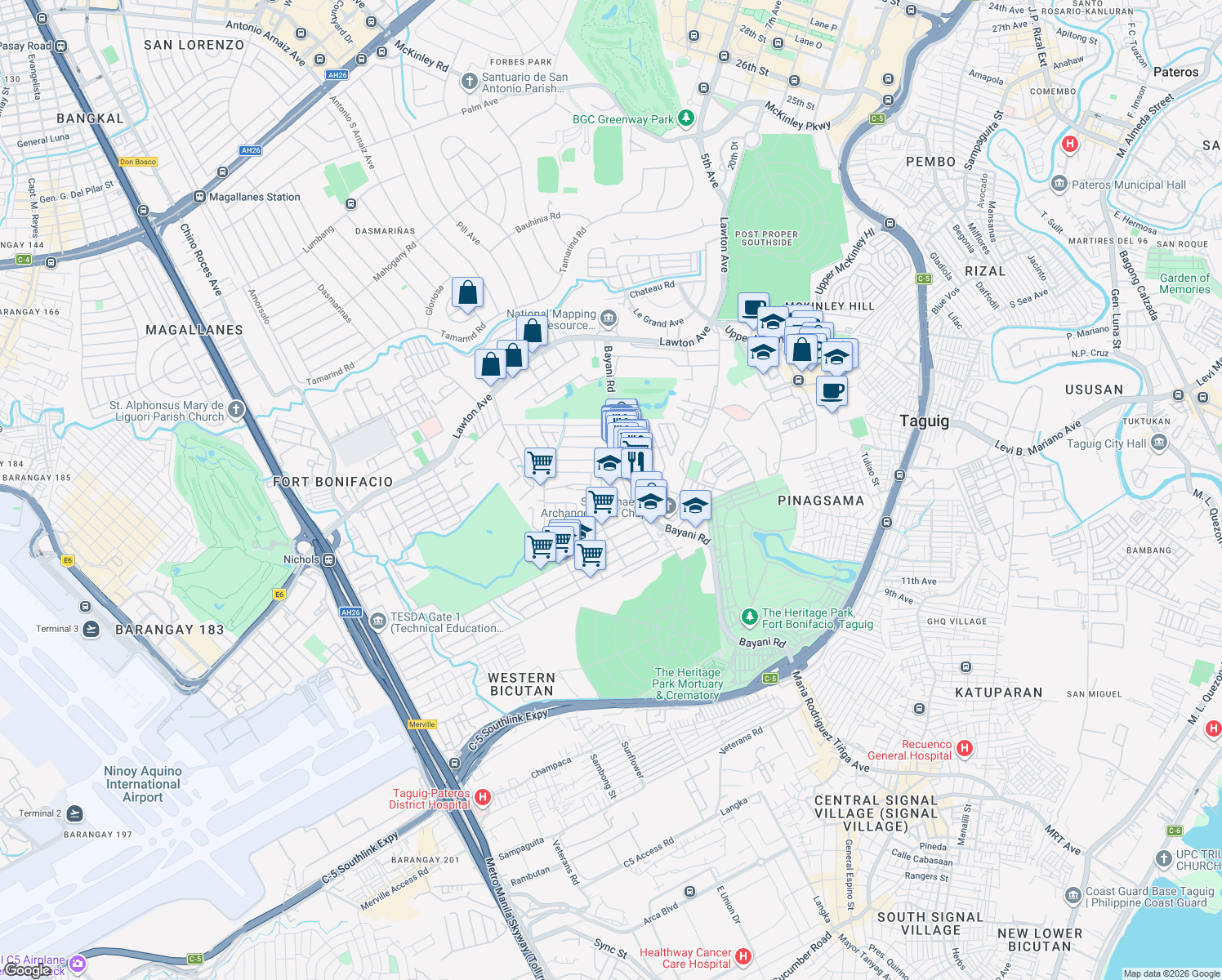 map of restaurants, bars, coffee shops, grocery stores, and more near E. Adevoso Street in Taguig City
