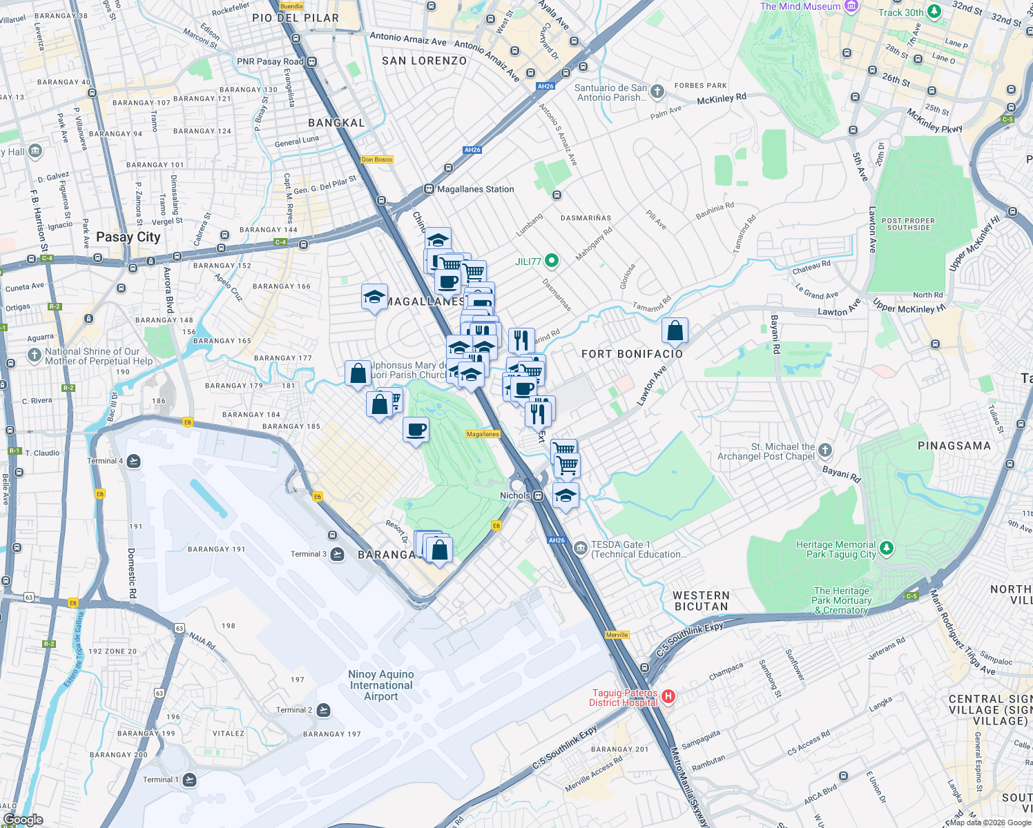 map of restaurants, bars, coffee shops, grocery stores, and more near 2332 Chino Roces Avenue Extension in Taguig