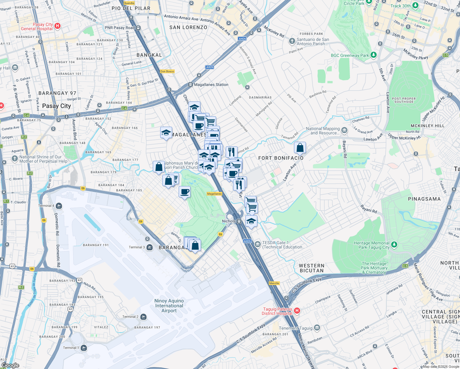 map of restaurants, bars, coffee shops, grocery stores, and more near 2332 Chino Roces Avenue Extension in Taguig