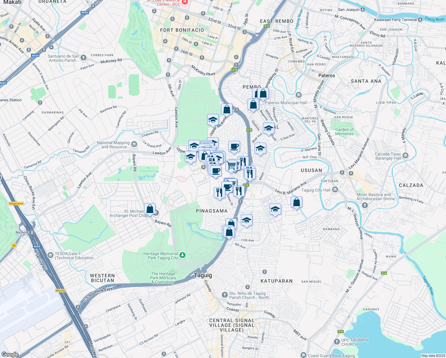 map of restaurants, bars, coffee shops, grocery stores, and more near 8 Campus Avenue in Taguig