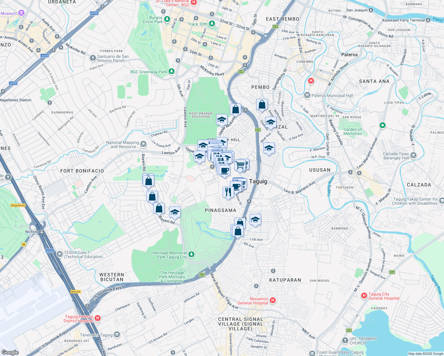 map of restaurants, bars, coffee shops, grocery stores, and more near Campus Avenue in Taguig