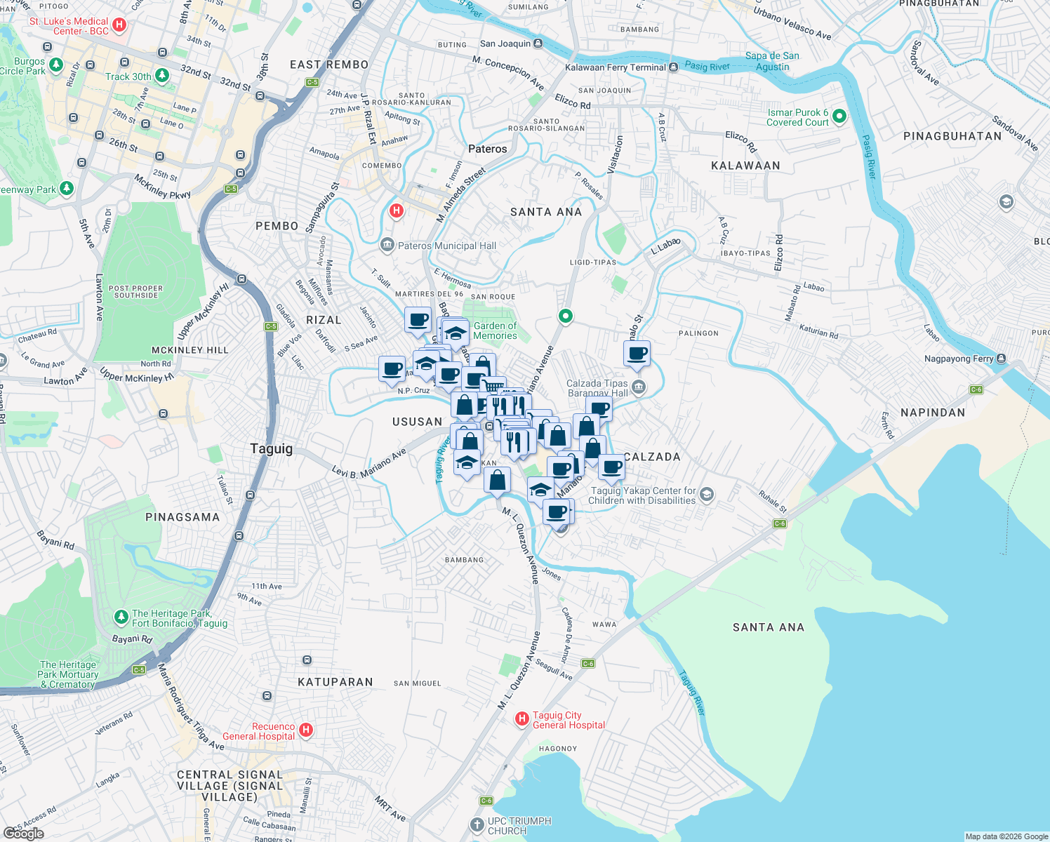 map of restaurants, bars, coffee shops, grocery stores, and more near 6050 Cayetano Avenue Diversion Road in Taguig