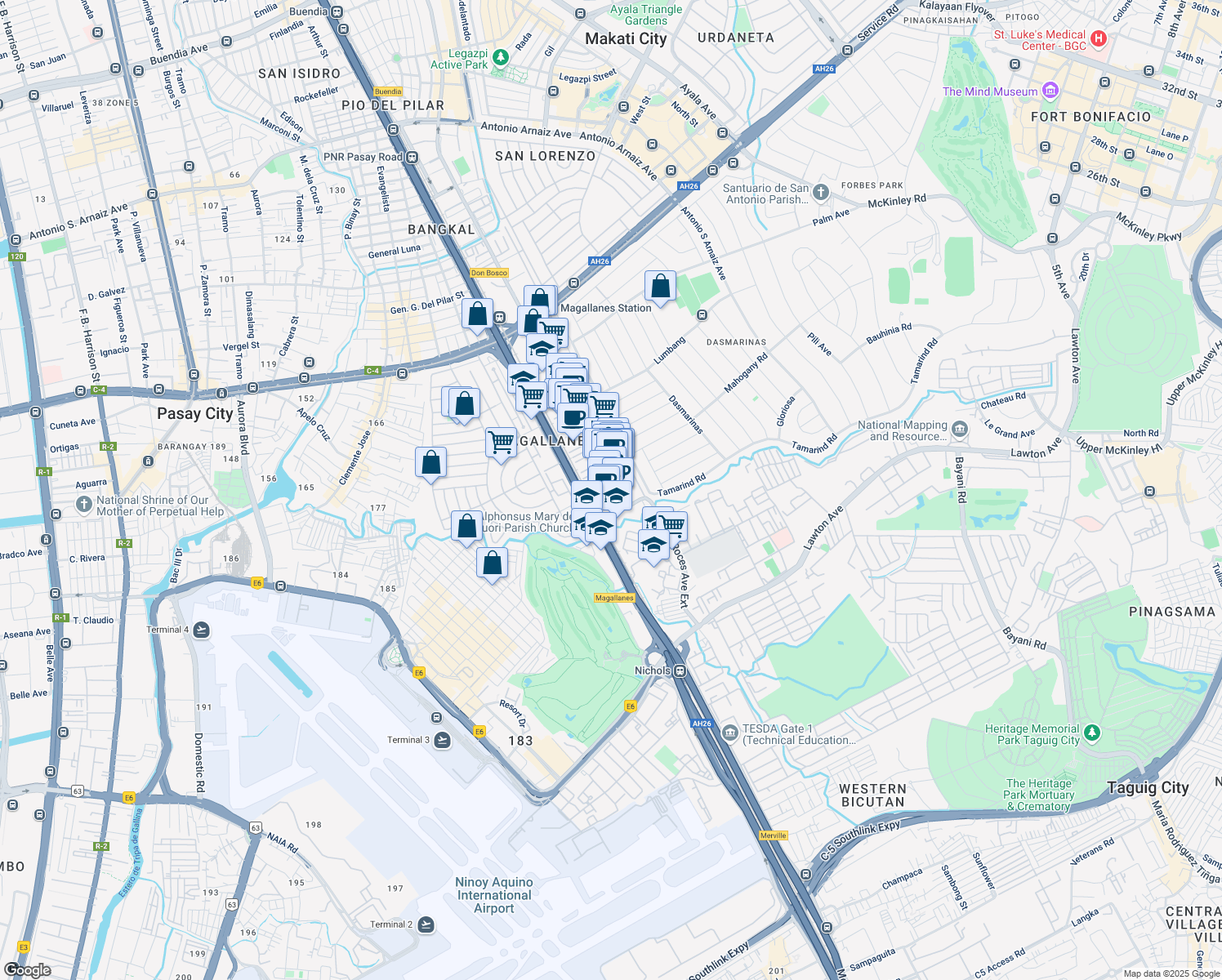 map of restaurants, bars, coffee shops, grocery stores, and more near 2310 Chino Roces Avenue in Makati City