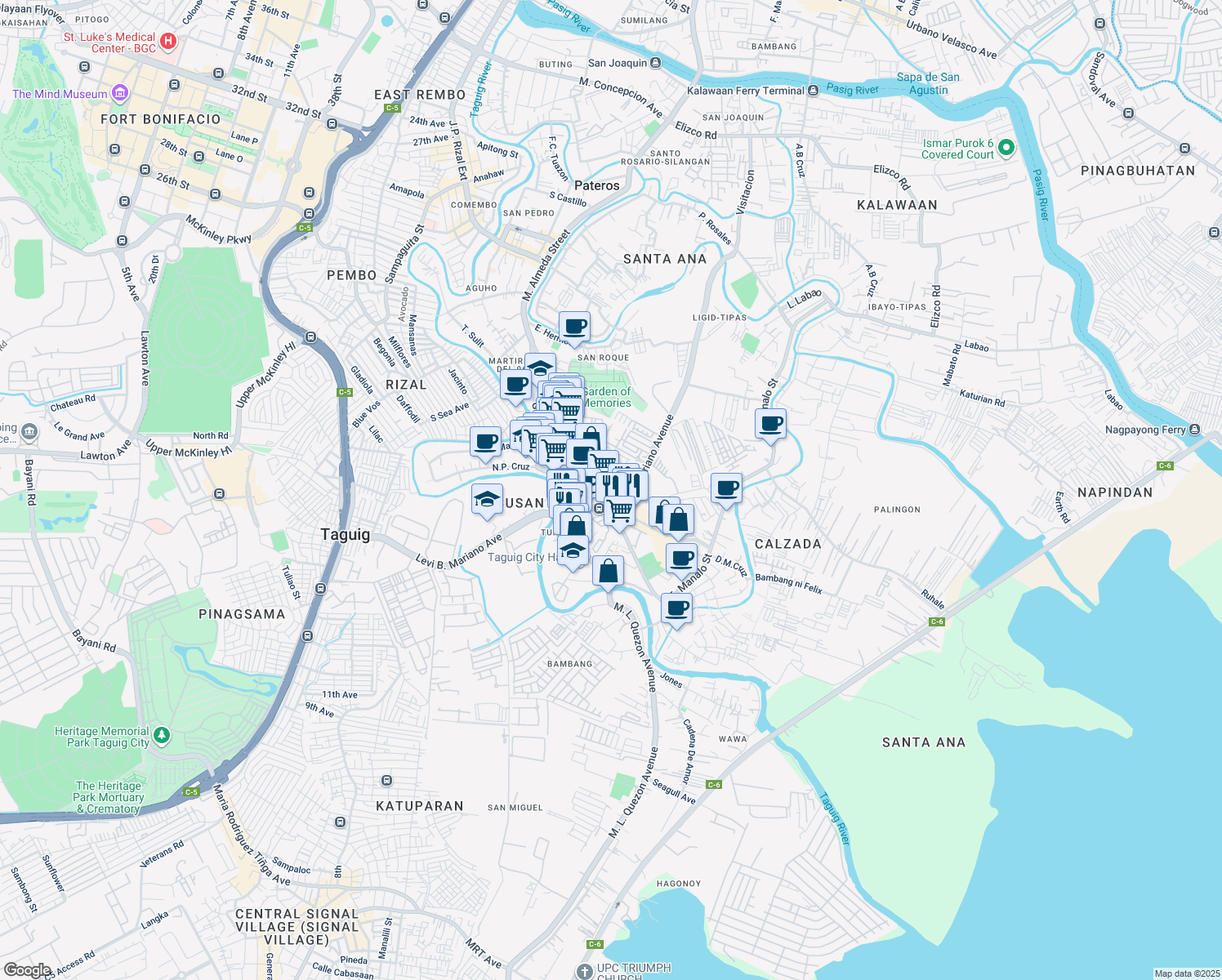 map of restaurants, bars, coffee shops, grocery stores, and more near 34th Street in Taguig