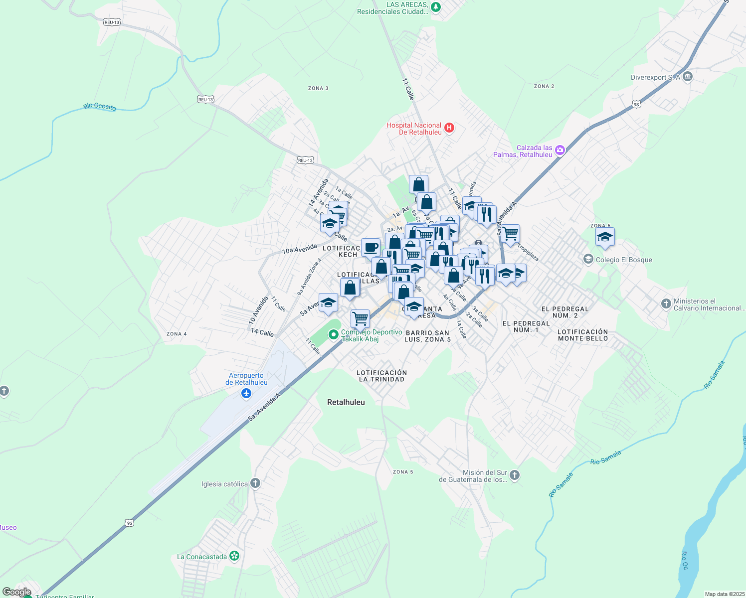 map of restaurants, bars, coffee shops, grocery stores, and more near Calle de los Caspiroles in Retalhuleu