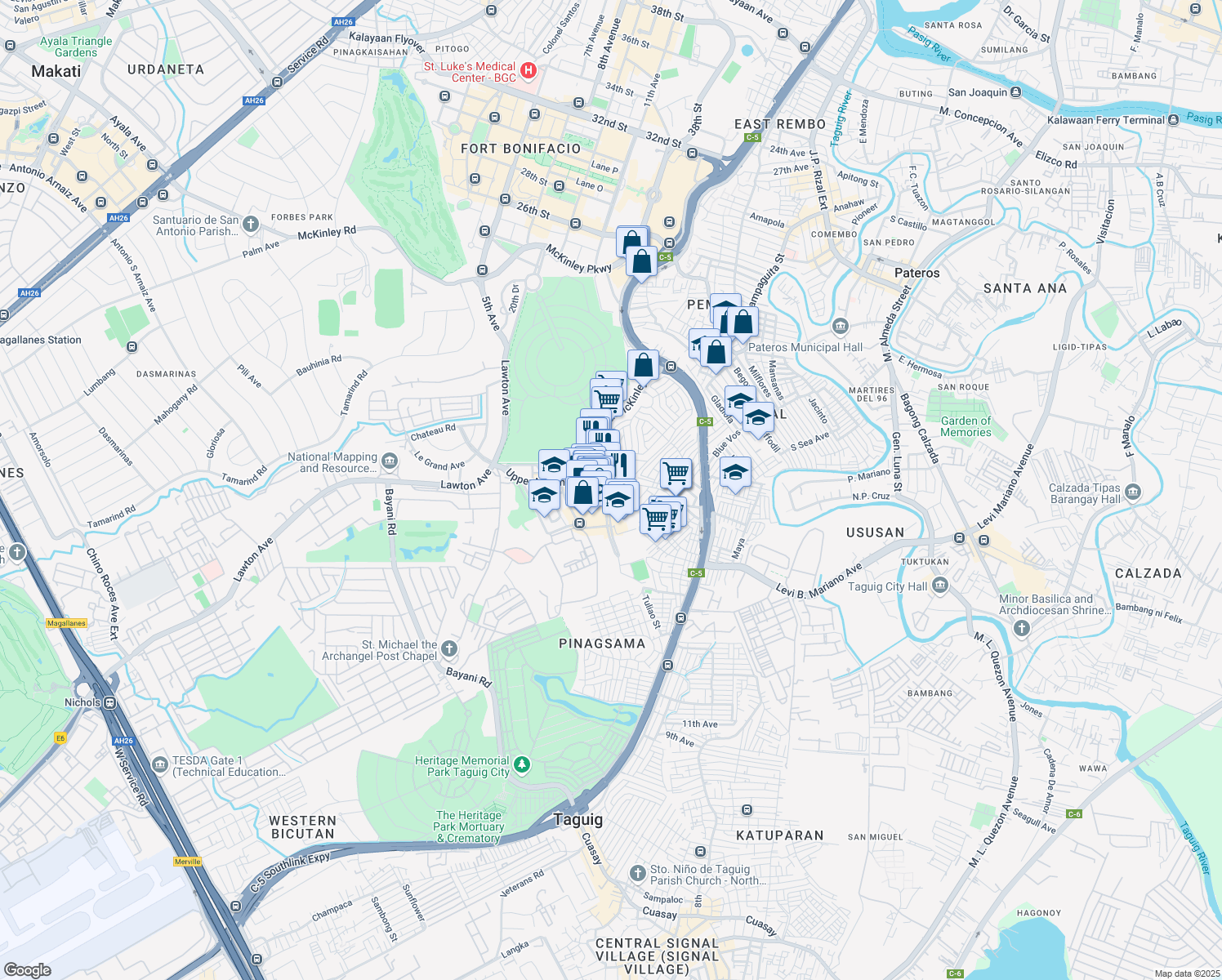 map of restaurants, bars, coffee shops, grocery stores, and more near 1634 Campus Avenue in Taguig