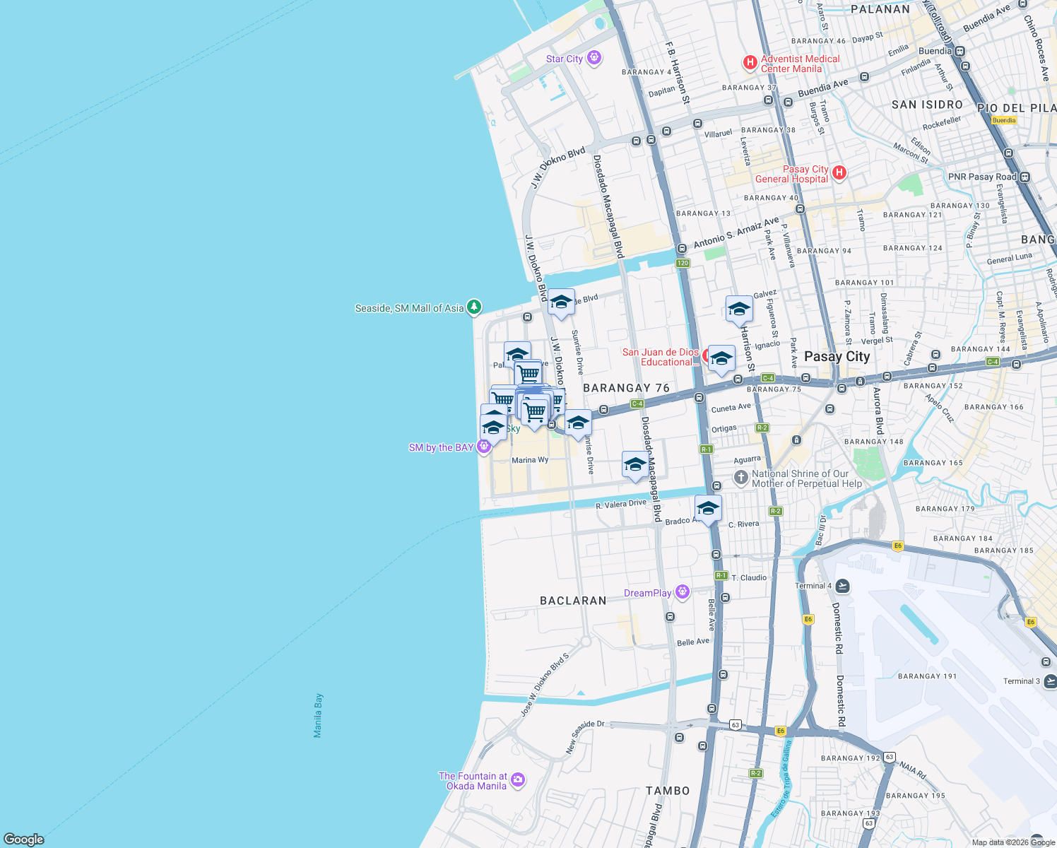 map of restaurants, bars, coffee shops, grocery stores, and more near 1000 J.W. Diokno Boulevard in Pasay