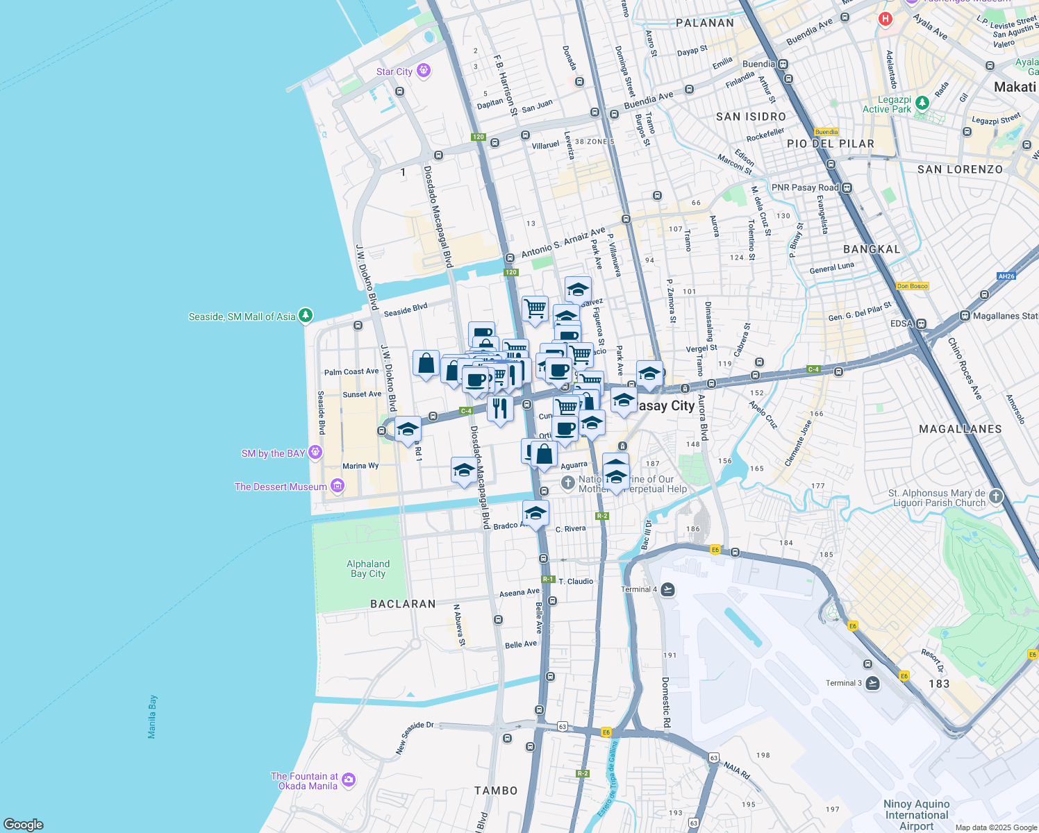 map of restaurants, bars, coffee shops, grocery stores, and more near 76 DD Meridian Avenue in Pasay