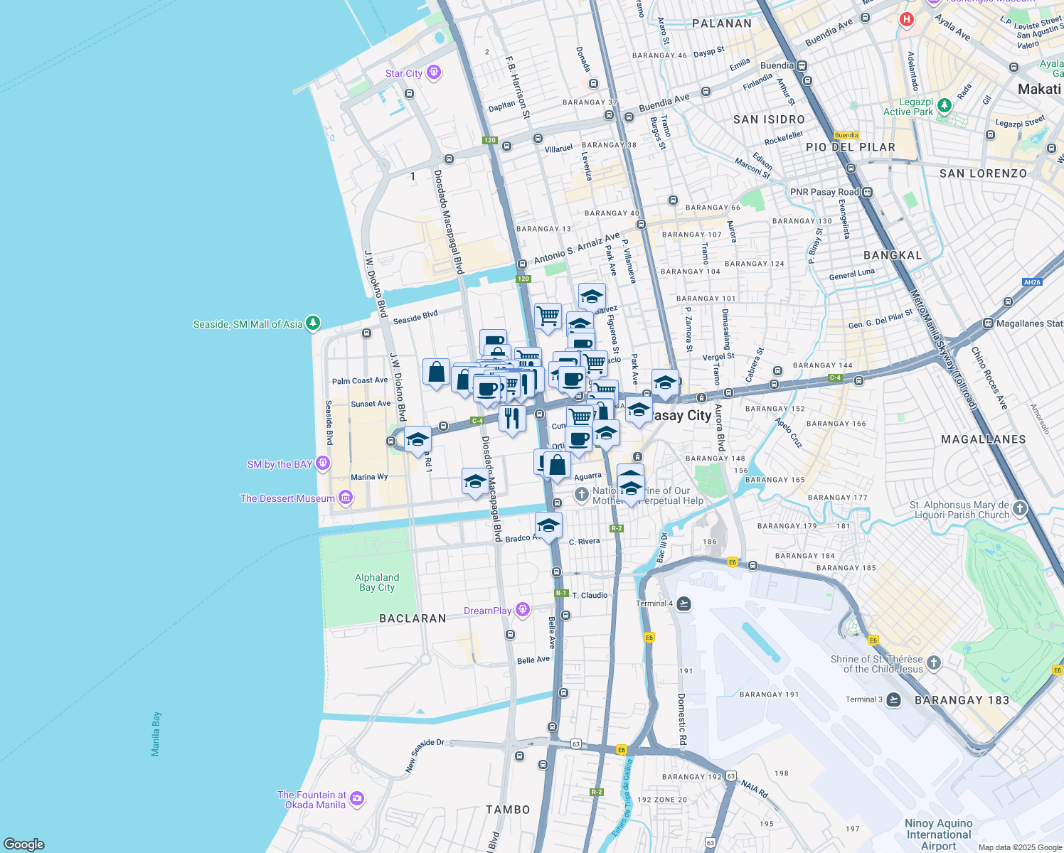 map of restaurants, bars, coffee shops, grocery stores, and more near 76 DD Meridian Avenue in Pasay