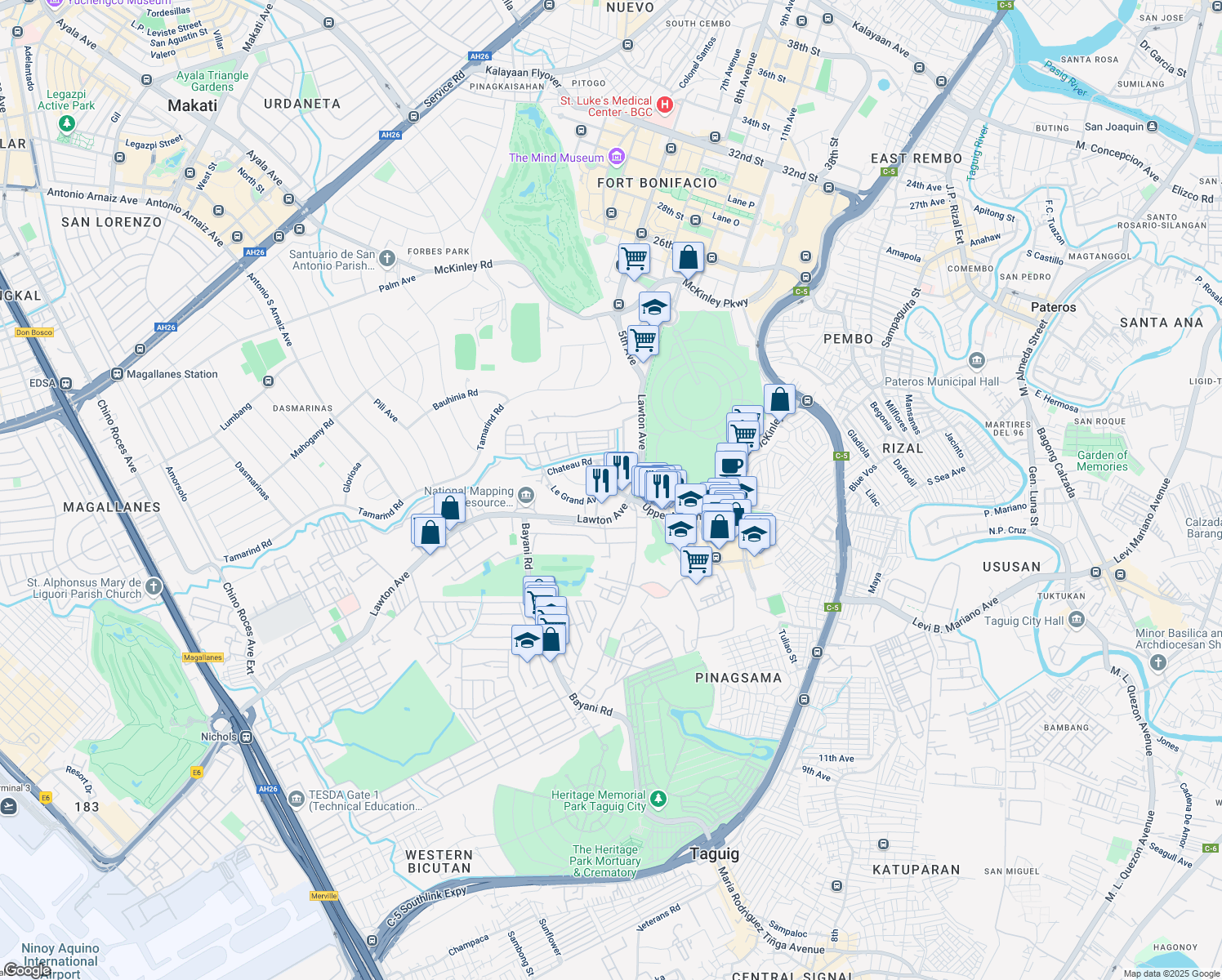 map of restaurants, bars, coffee shops, grocery stores, and more near 1 Le Grand Avenue in Taguig