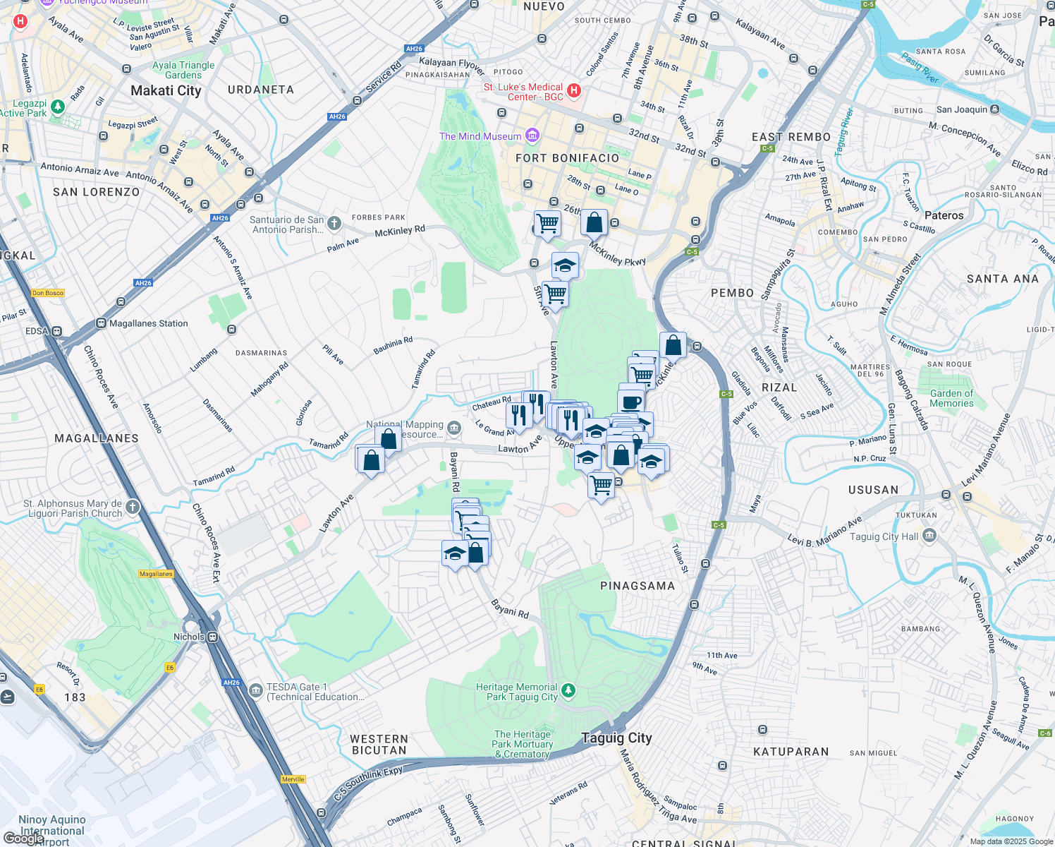 map of restaurants, bars, coffee shops, grocery stores, and more near 1 Le Grand Avenue in Taguig