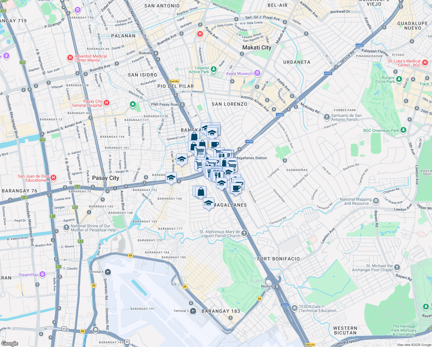 map of restaurants, bars, coffee shops, grocery stores, and more near Metro Manila Skyway in Quezon City