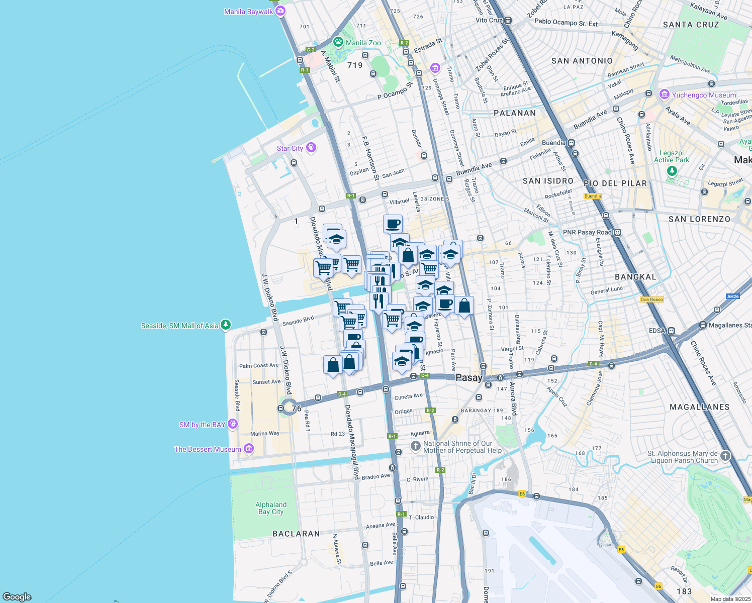 map of restaurants, bars, coffee shops, grocery stores, and more near 1501 Roxas Boulevard in Pasay