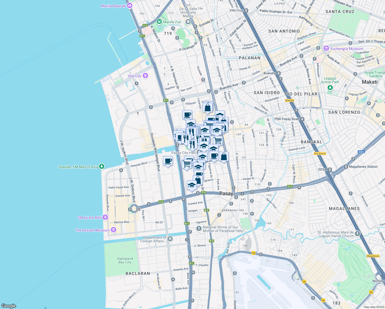 map of restaurants, bars, coffee shops, grocery stores, and more near 1501 Roxas Boulevard in Pasay
