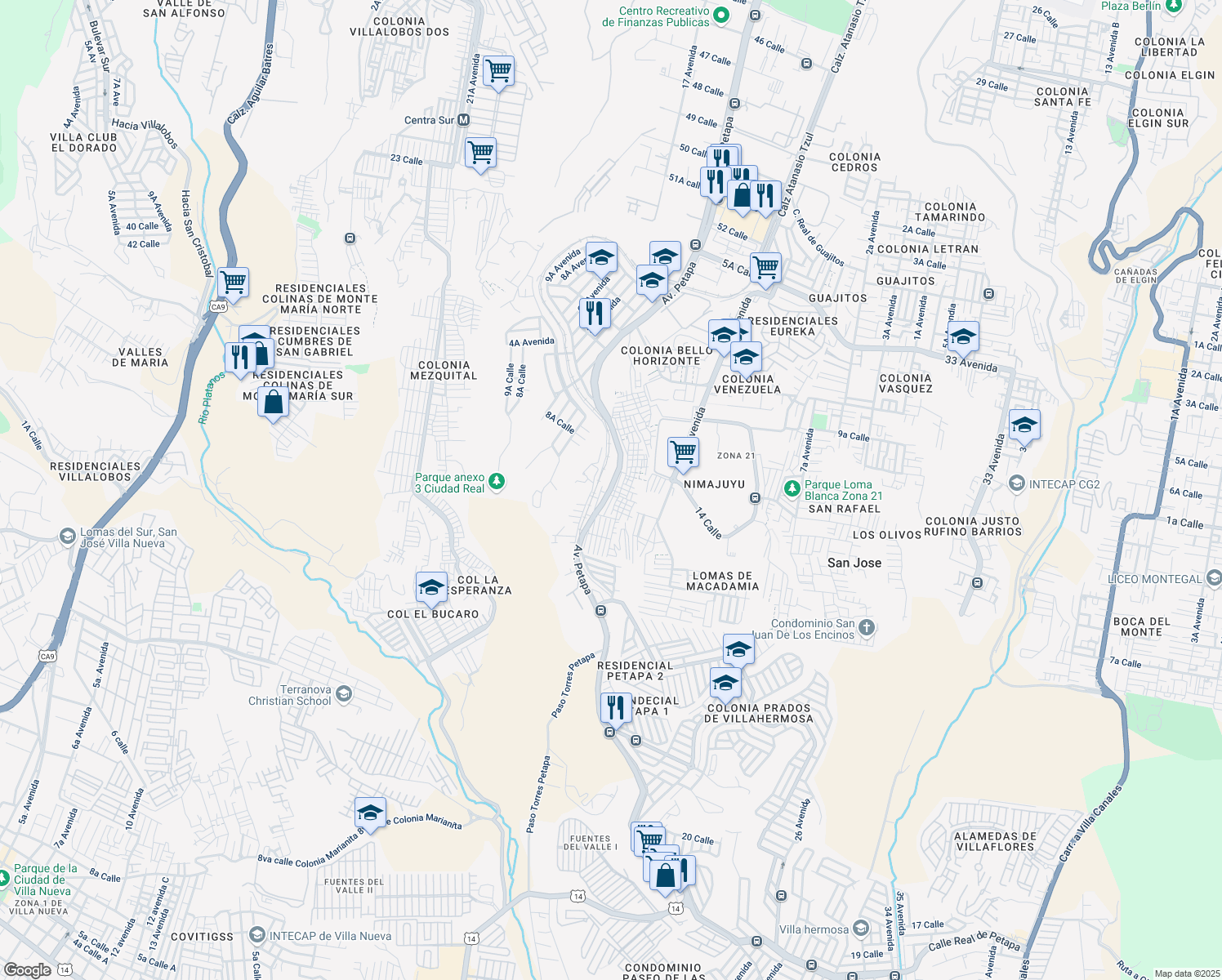 map of restaurants, bars, coffee shops, grocery stores, and more near Calle Real de Petapa in Guatemala City