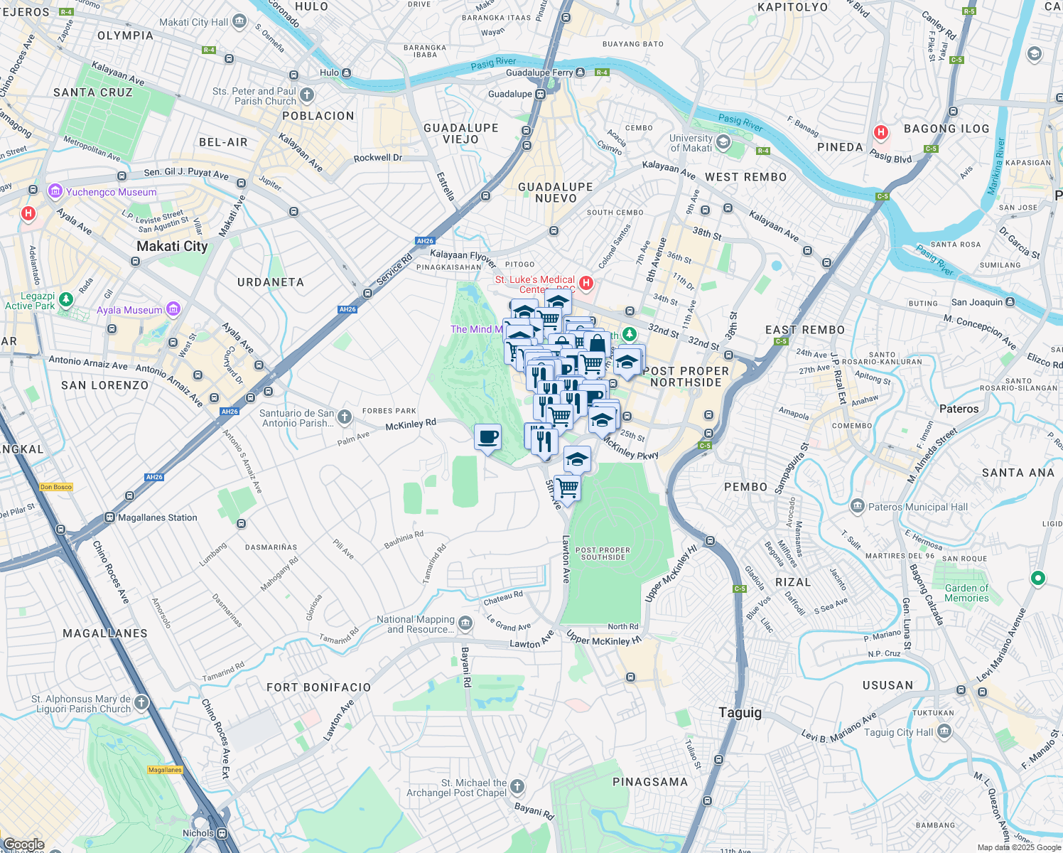 map of restaurants, bars, coffee shops, grocery stores, and more near 4th Avenue in Taguig