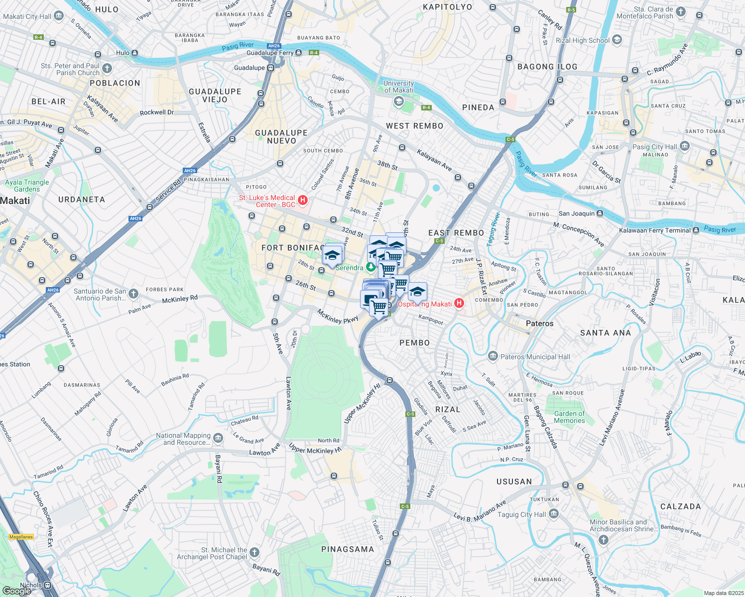 map of restaurants, bars, coffee shops, grocery stores, and more near McKinley Parkway in Taguig