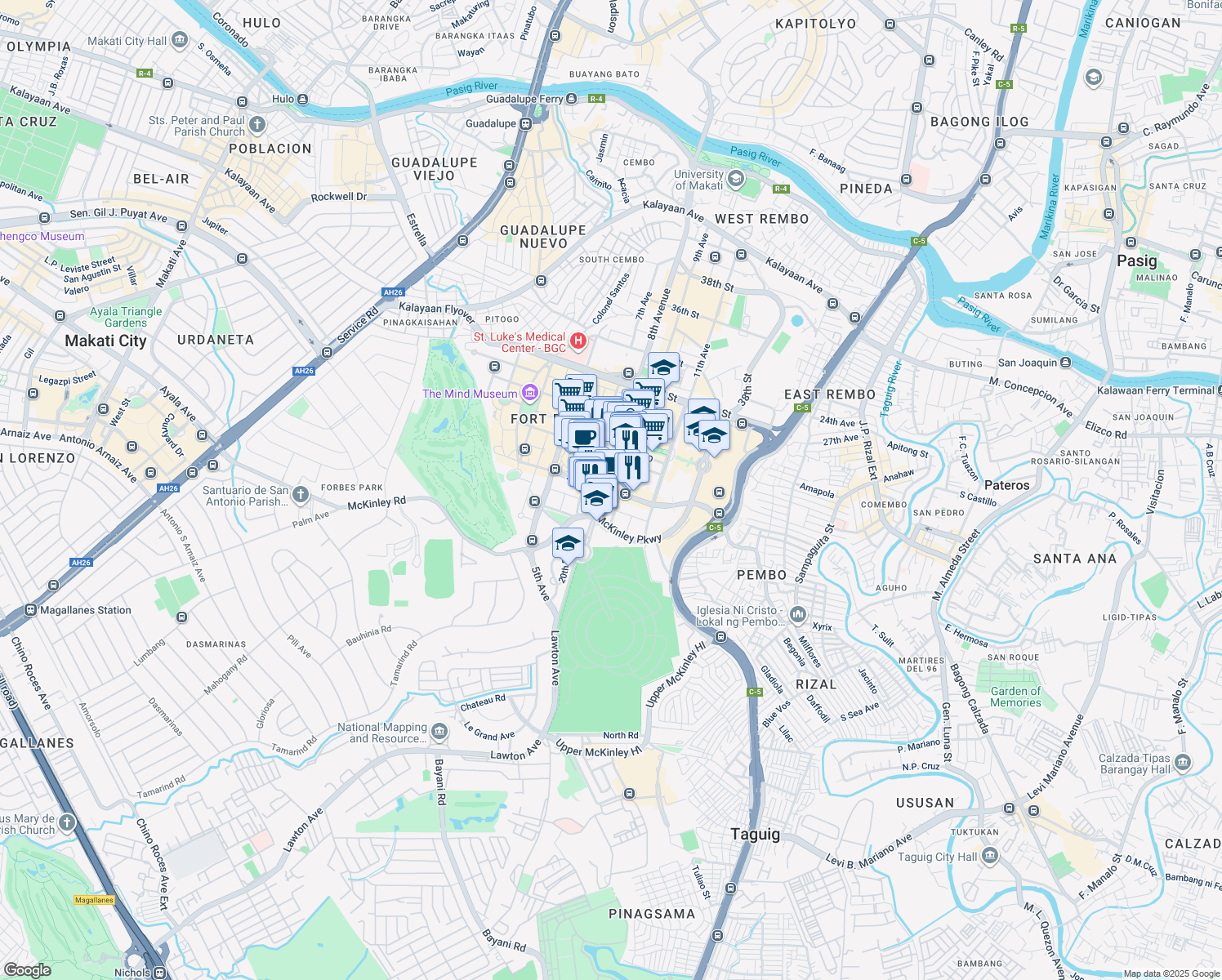 map of restaurants, bars, coffee shops, grocery stores, and more near 1055 26th Street in Taguig