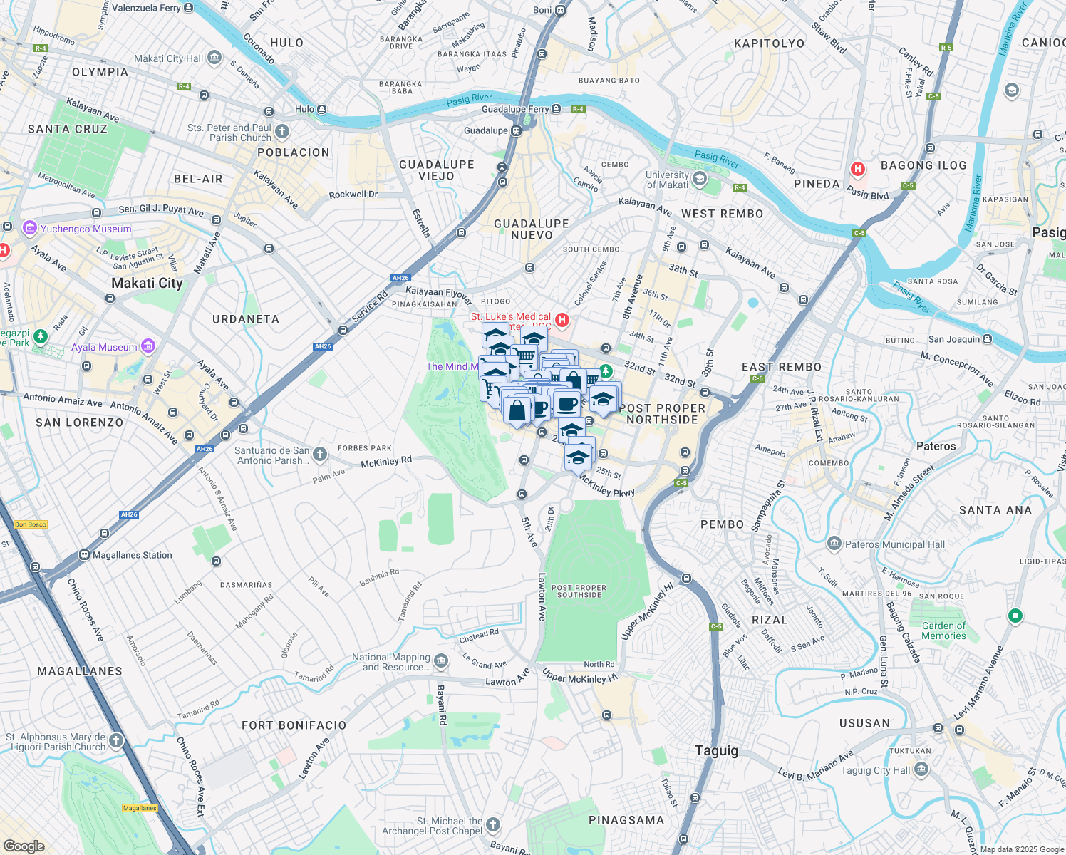map of restaurants, bars, coffee shops, grocery stores, and more near 26th Street in Taguig