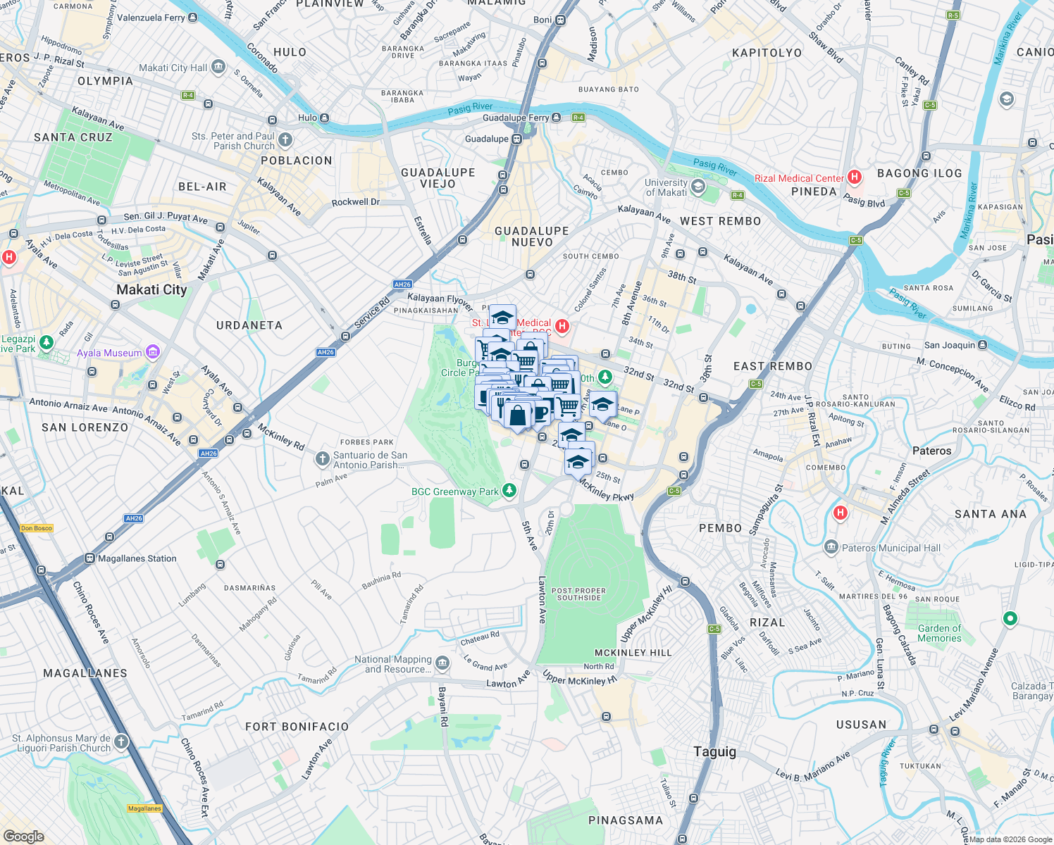map of restaurants, bars, coffee shops, grocery stores, and more near 4th Avenue in Taguig