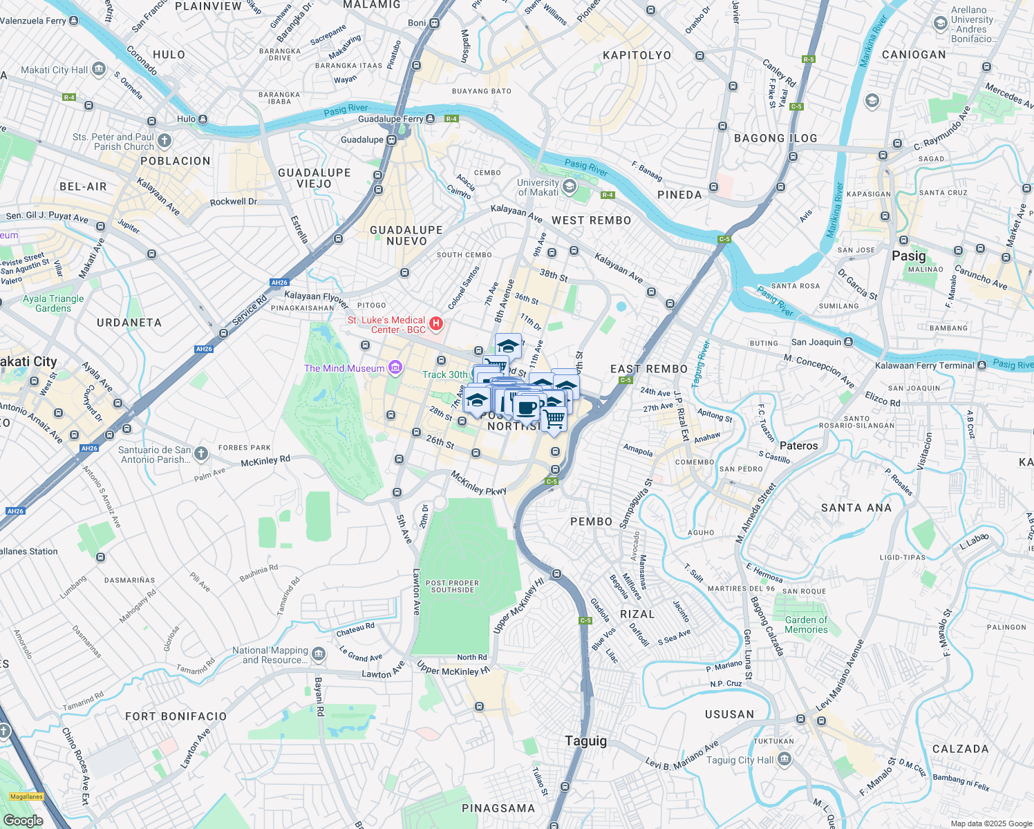 map of restaurants, bars, coffee shops, grocery stores, and more near 11th Avenue in Taguig