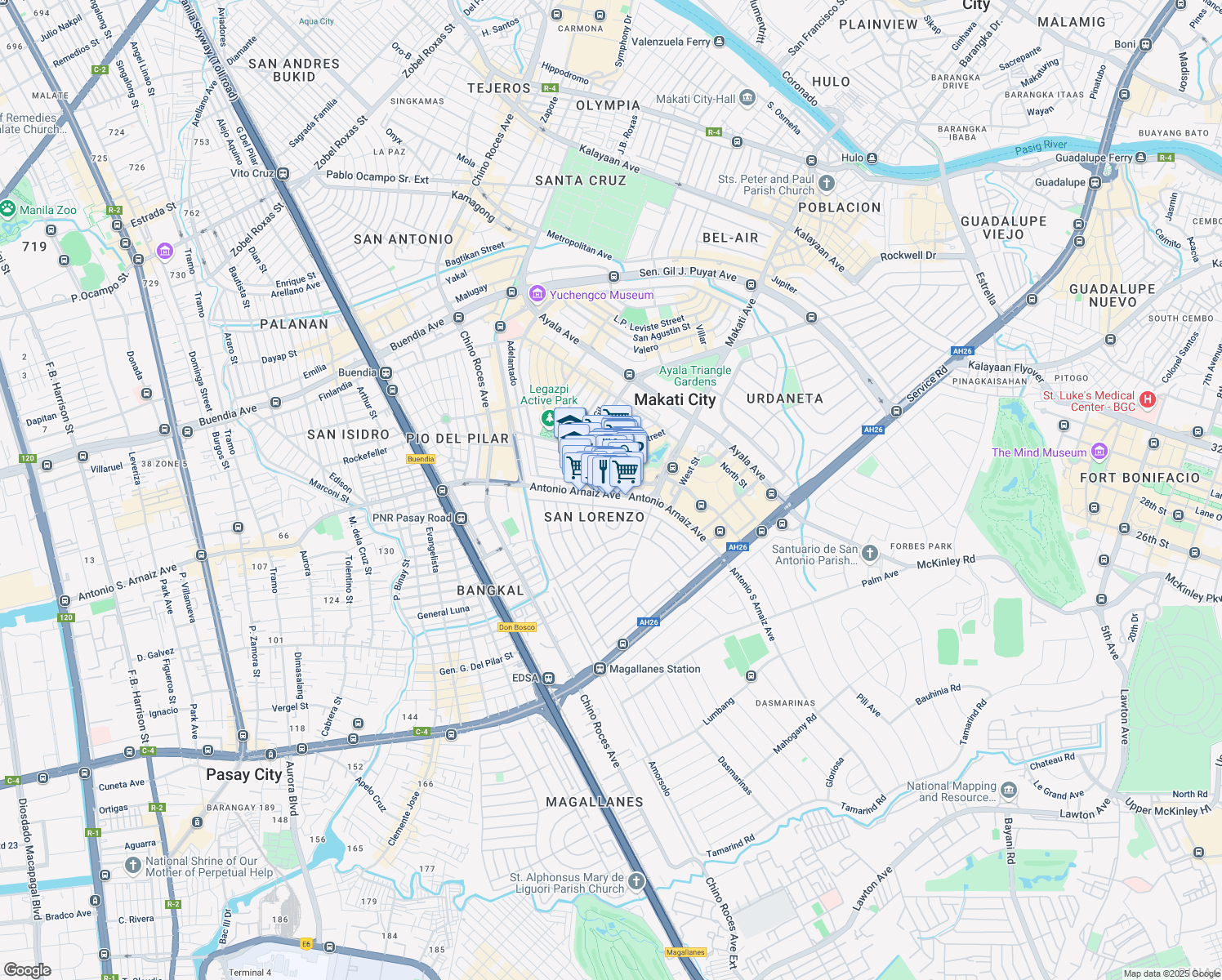 map of restaurants, bars, coffee shops, grocery stores, and more near Paseo de Roxas in Makati