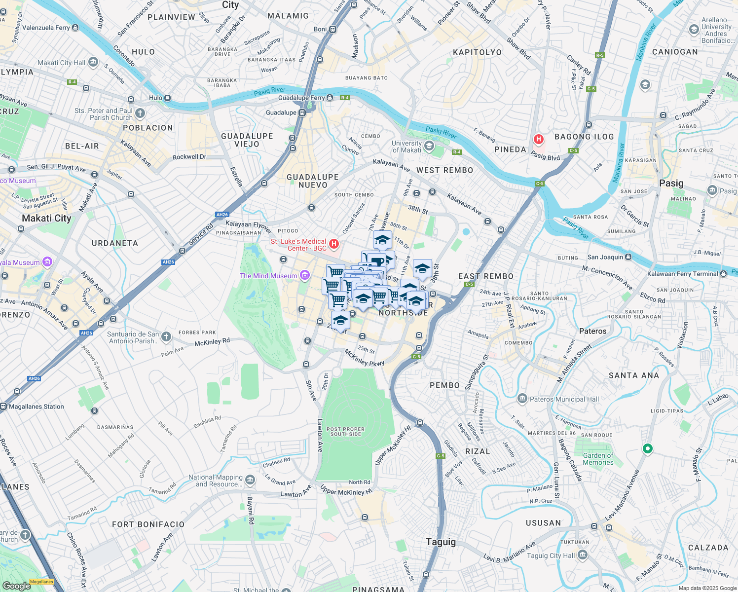 map of restaurants, bars, coffee shops, grocery stores, and more near 9Th Avenue Corner 30Th Street in Taguig