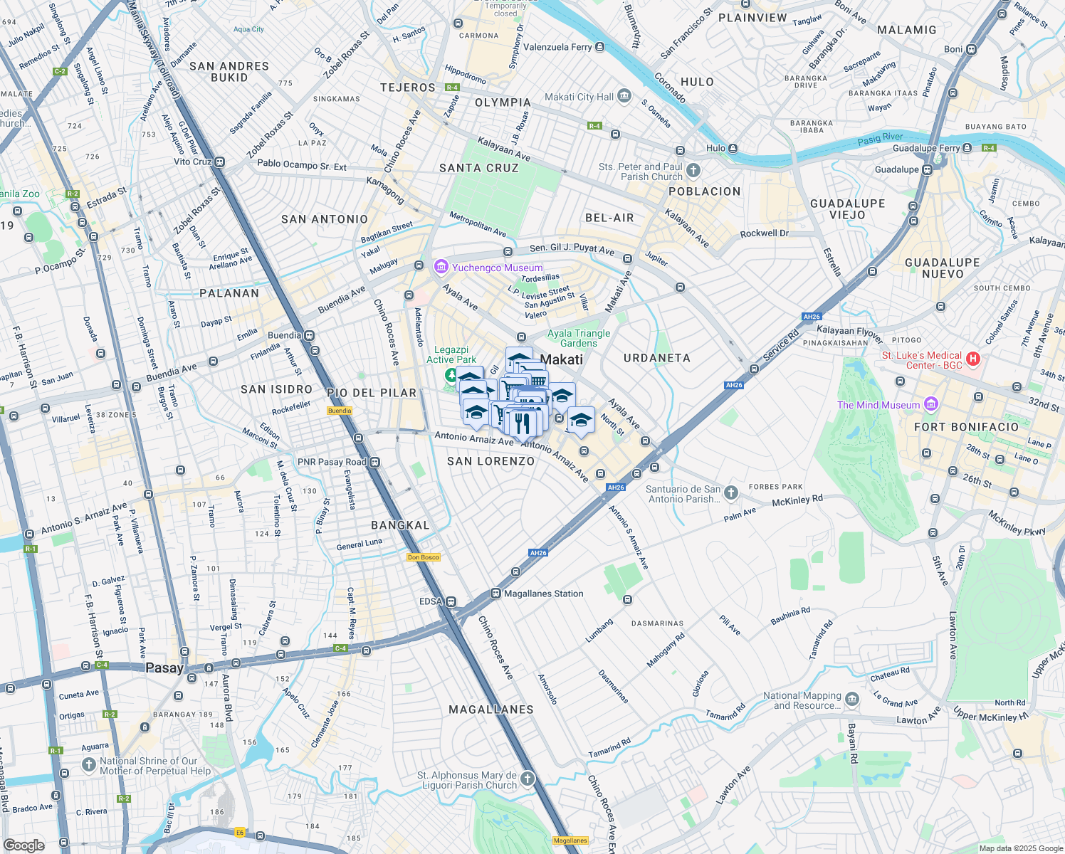 map of restaurants, bars, coffee shops, grocery stores, and more near 12 Esperanza Street in Makati