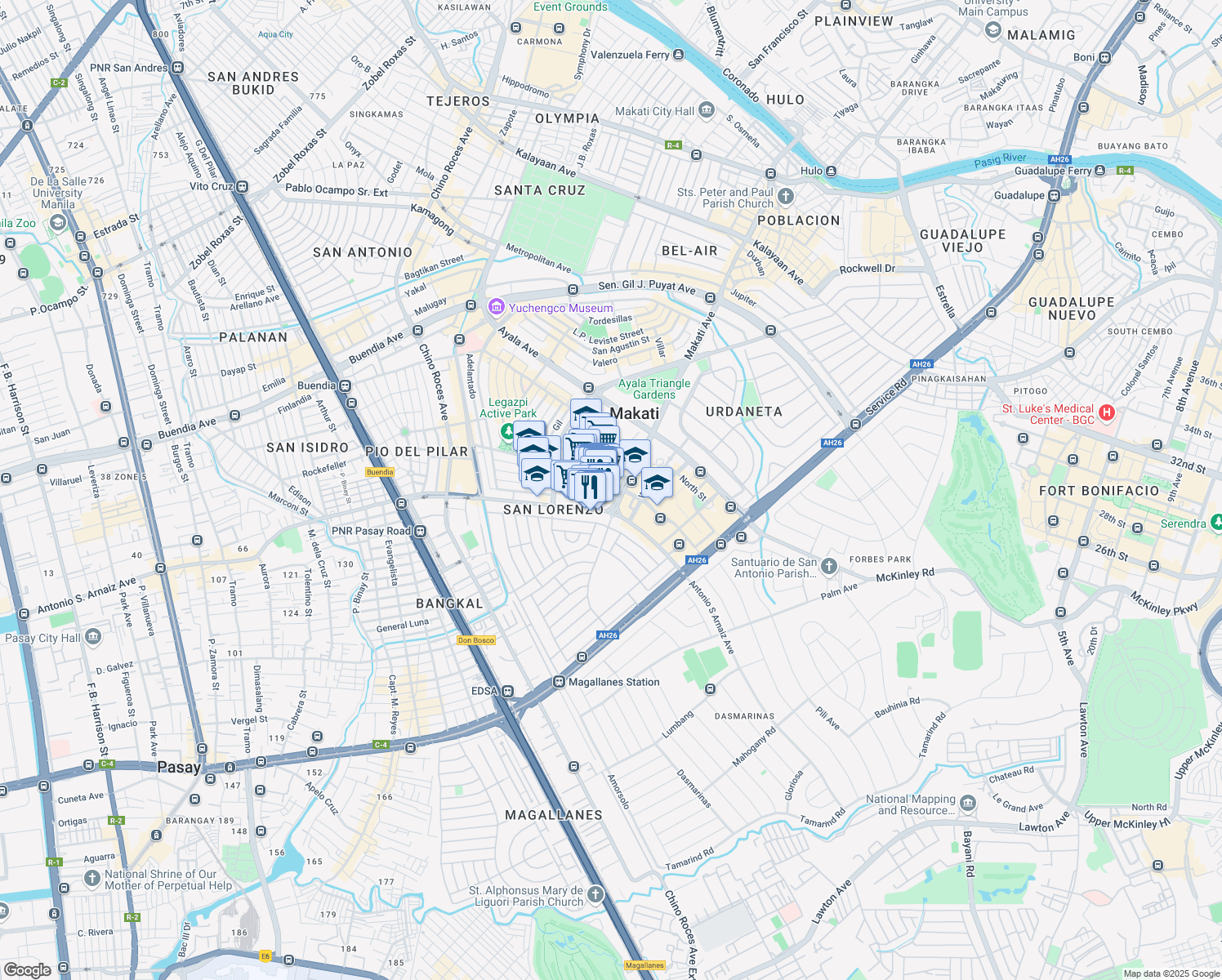 map of restaurants, bars, coffee shops, grocery stores, and more near 12 Esperanza Street in Makati