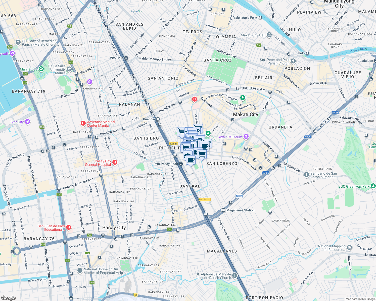 map of restaurants, bars, coffee shops, grocery stores, and more near 2314 Chino Roces Avenue in Makati