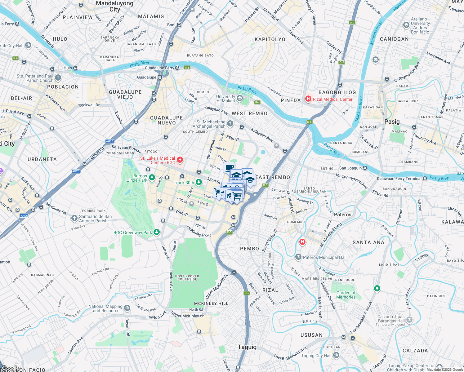 map of restaurants, bars, coffee shops, grocery stores, and more near 1360 32nd Street in Taguig