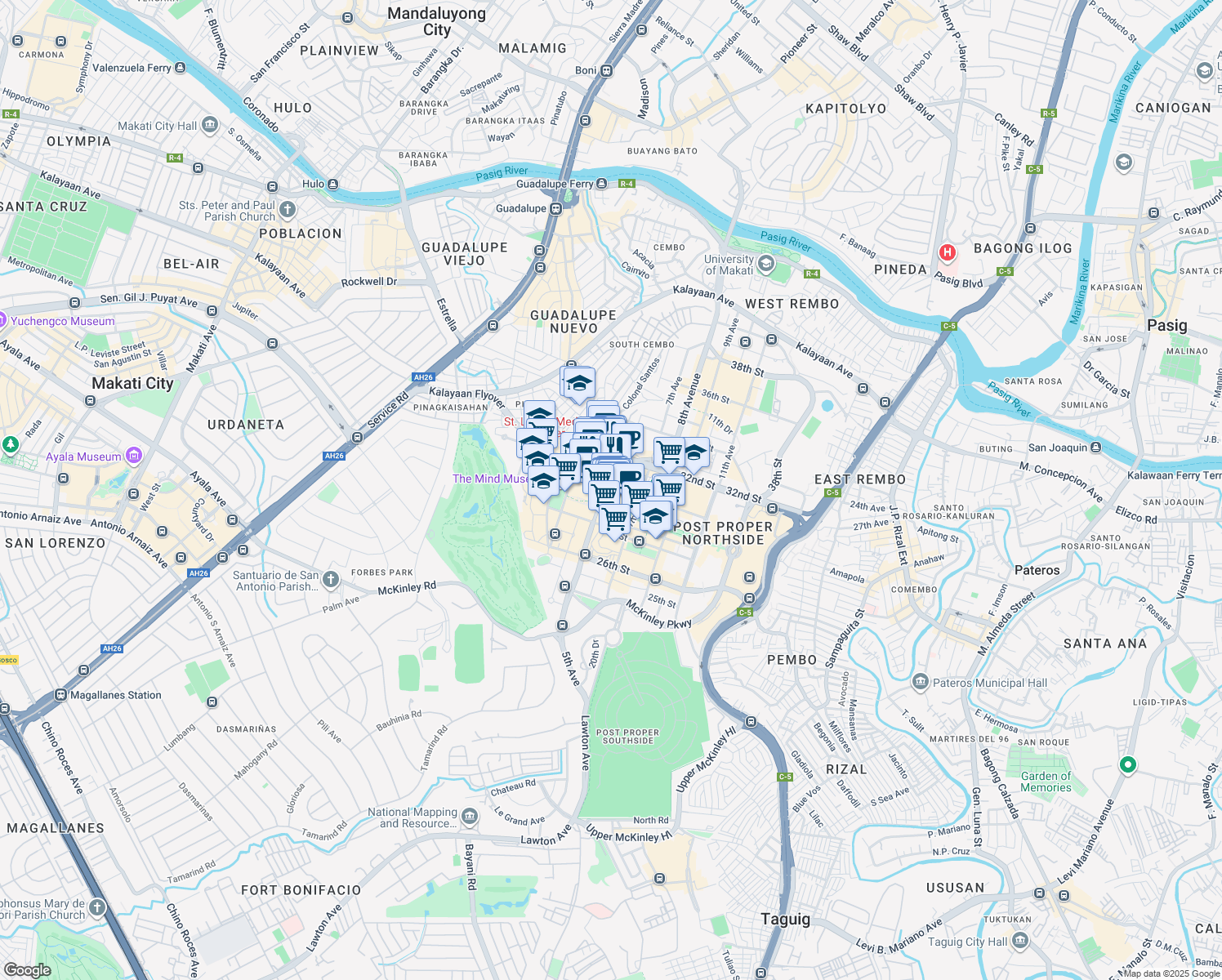 map of restaurants, bars, coffee shops, grocery stores, and more near 3 30th Street in Taguig