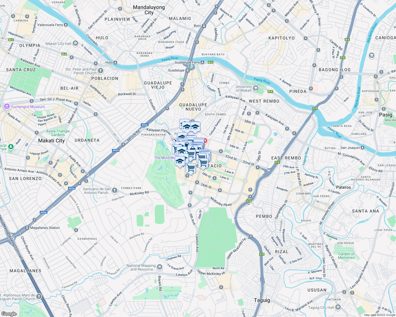 map of restaurants, bars, coffee shops, grocery stores, and more near 4 4th Avenue in Taguig