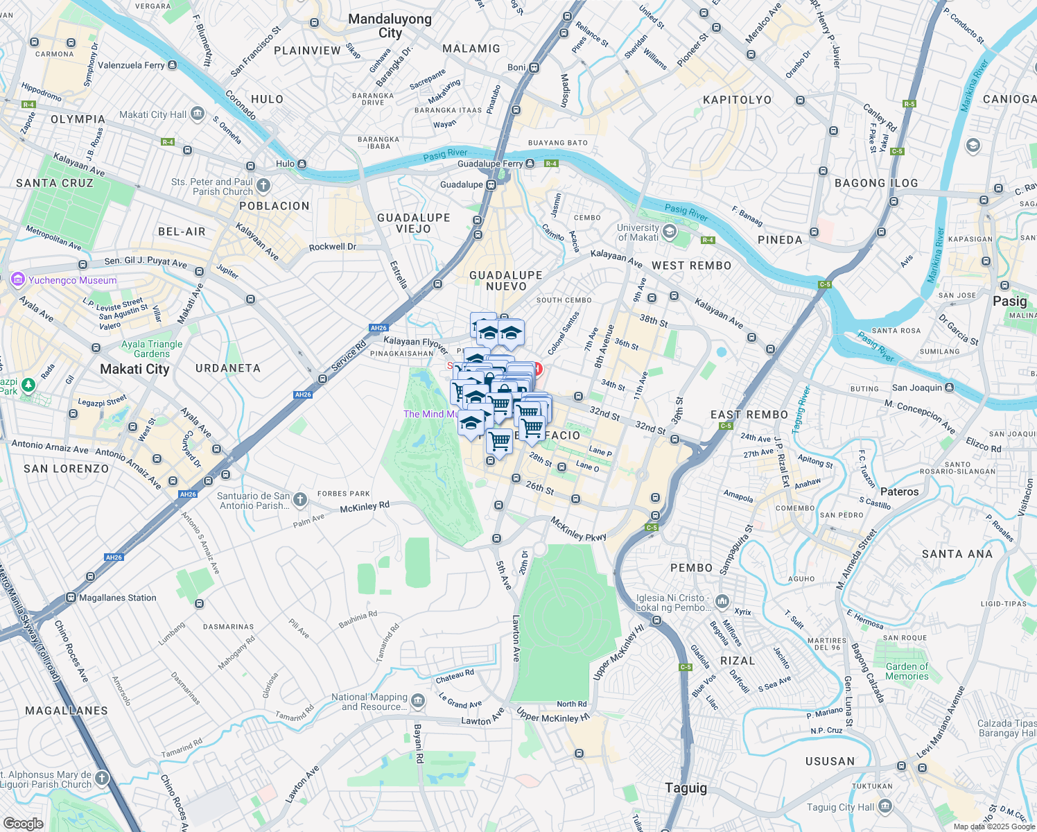 map of restaurants, bars, coffee shops, grocery stores, and more near 4 4th Avenue in Taguig