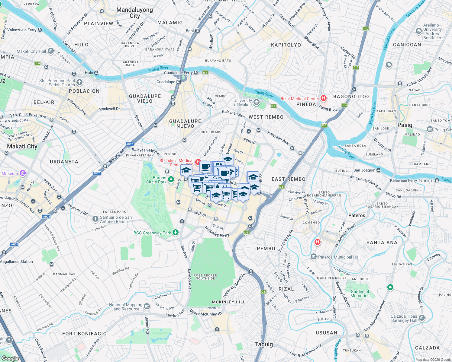 map of restaurants, bars, coffee shops, grocery stores, and more near 9th Avenue in Taguig