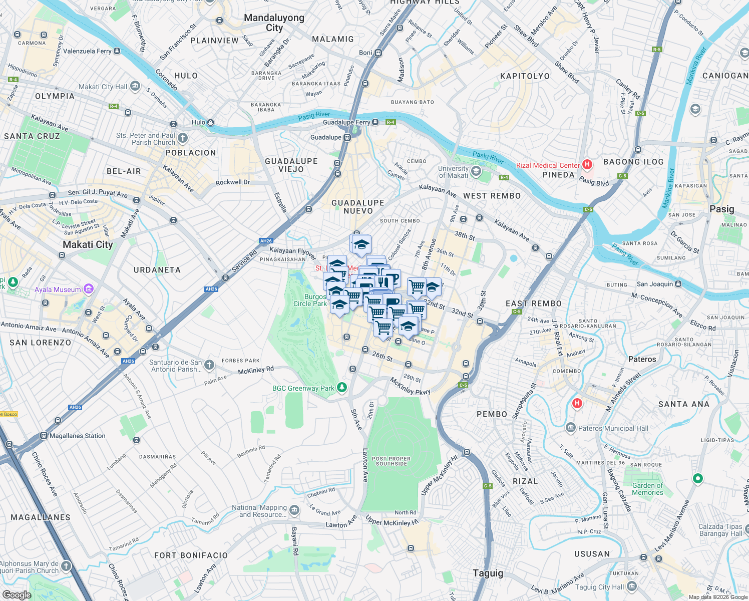 map of restaurants, bars, coffee shops, grocery stores, and more near 30th Street in Taguig