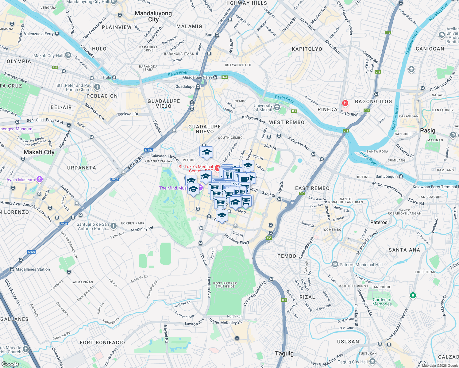 map of restaurants, bars, coffee shops, grocery stores, and more near 32nd Street in Taguig