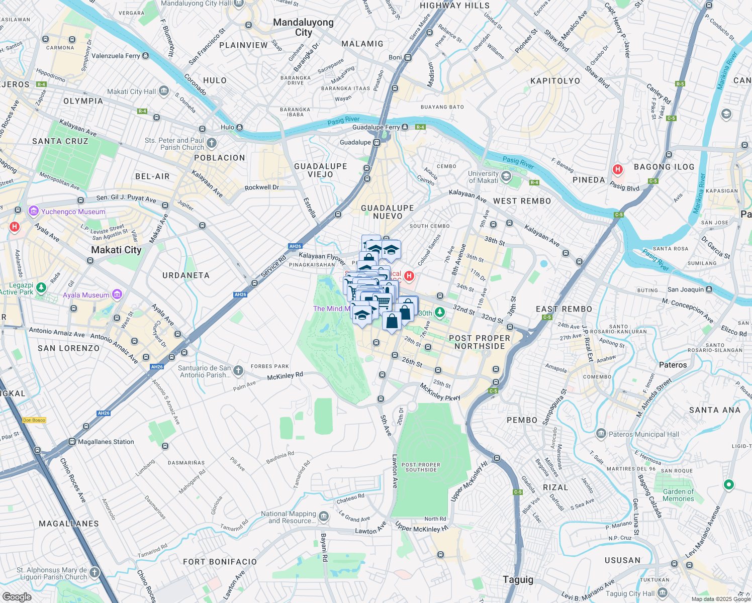 map of restaurants, bars, coffee shops, grocery stores, and more near 30th Street in Taguig