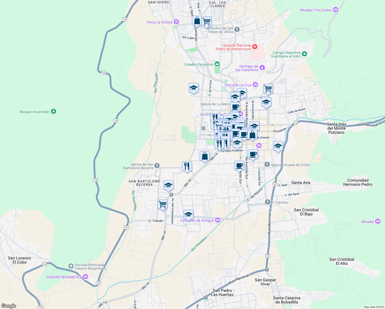 map of restaurants, bars, coffee shops, grocery stores, and more near Calle San Bartolome Becerra in Antigua Guatemala